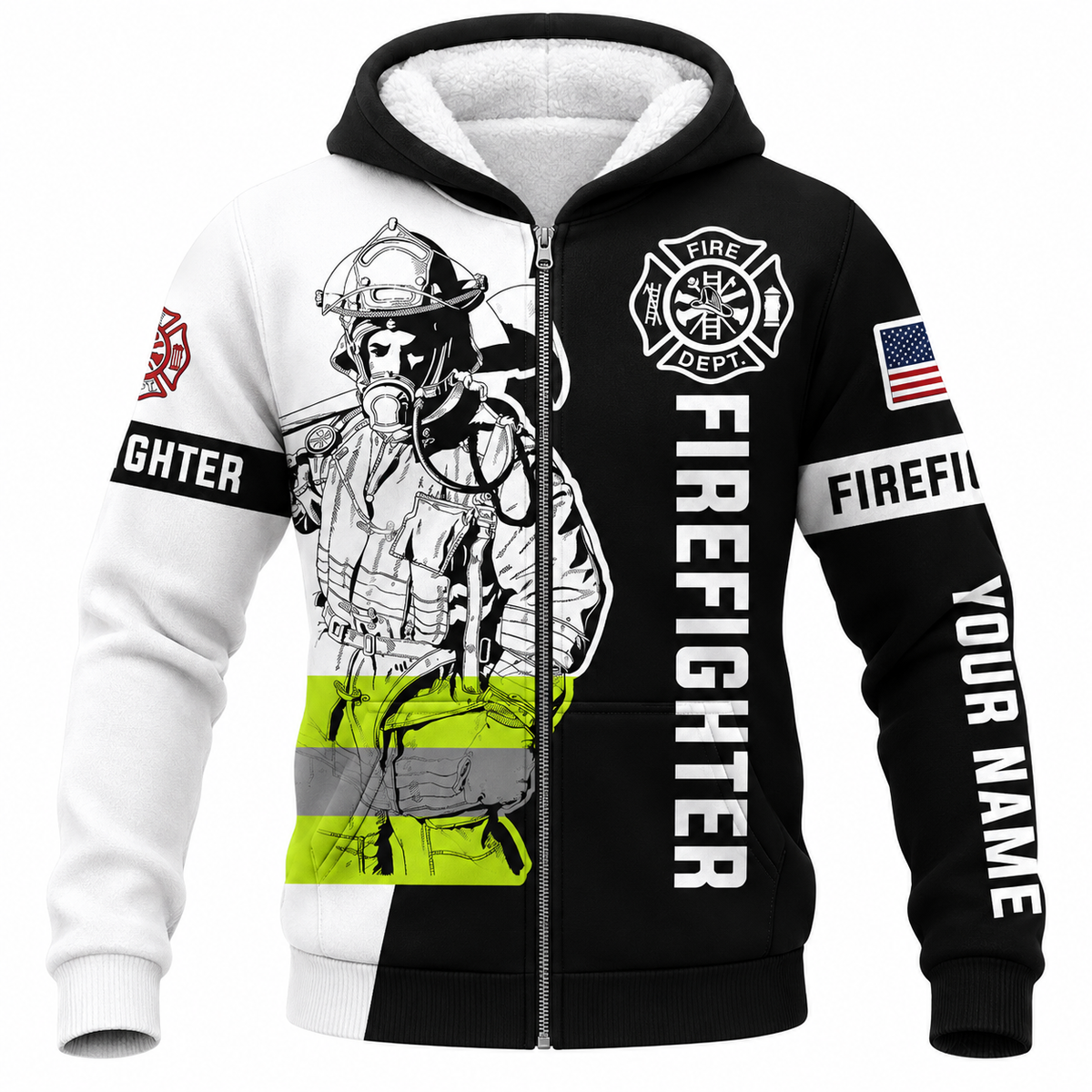 Personalized Firefighter Hoodie & T-Shirt - Black And White Firefighter – Fleece Zip Hoodie, front view