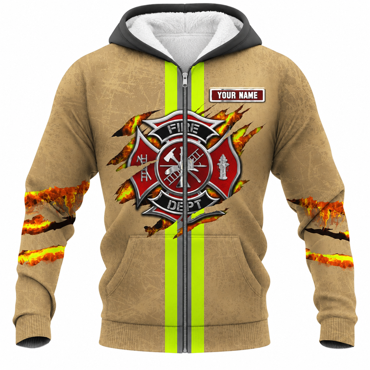 Personalized Firefighter Hoodie & T-Shirt - Tan Fire Badge Stripe Print – Fleece Zip Hoodie, front view
