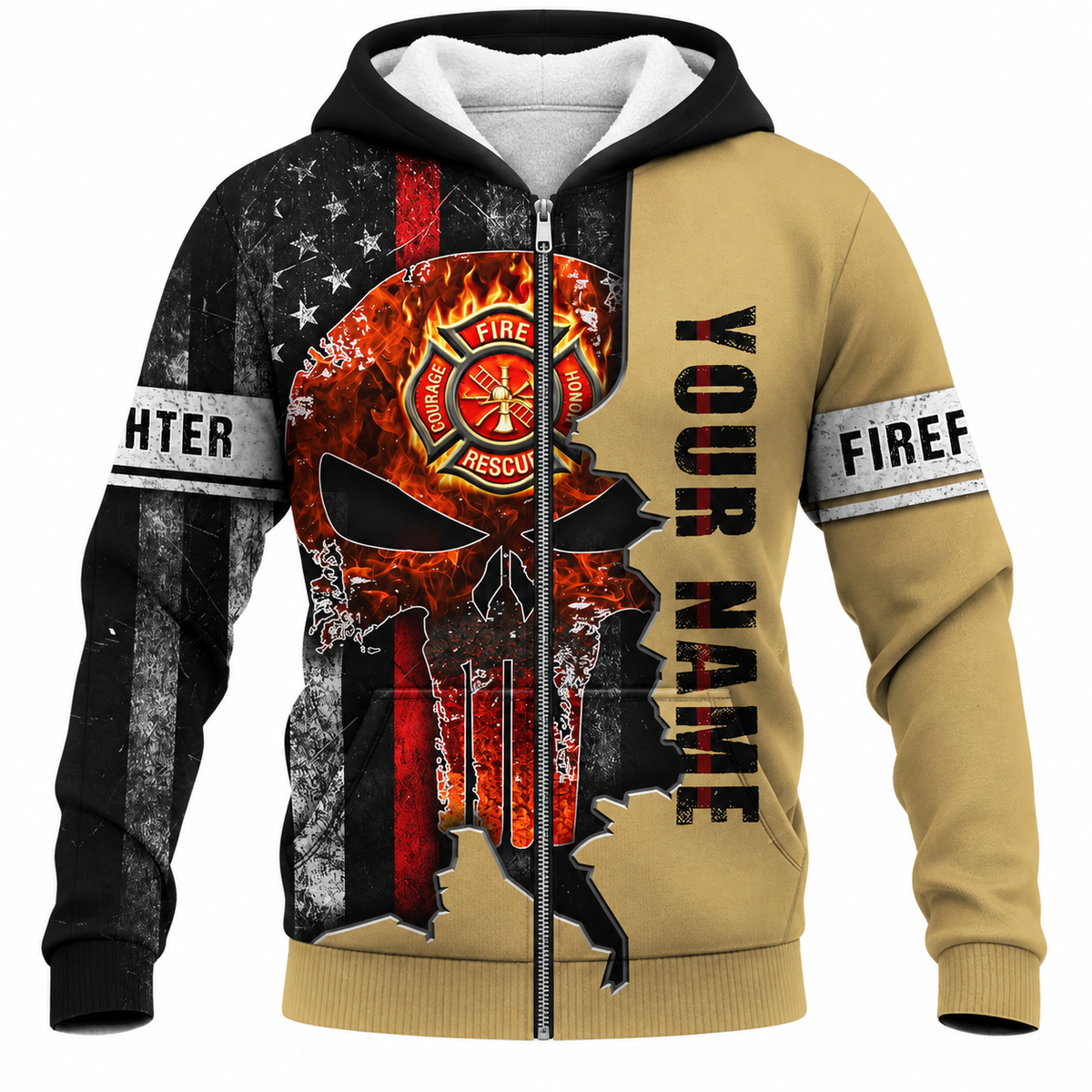 Personalized Firefighter Hoodie & T-Shirt - Flag Skull Fire Badge Print – Fleece Zip Hoodie, front view