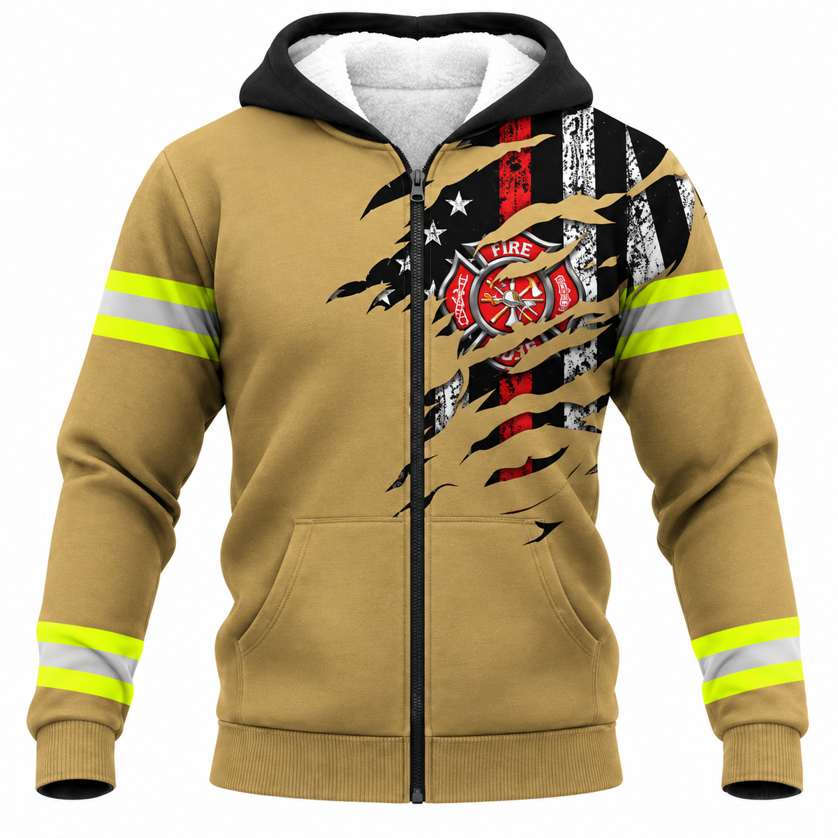 Personalized Firefighter Hoodie & T-Shirt - Tan Distressed Flag Fire Badge – Fleece Zip Hoodie, front view