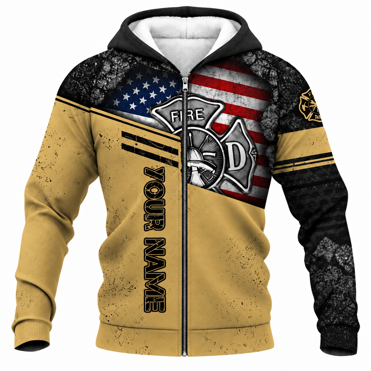 Personalized Firefighter Hoodie & T-Shirt - Tan Flag Fire Department Print – Fleece Zip Hoodie, front view