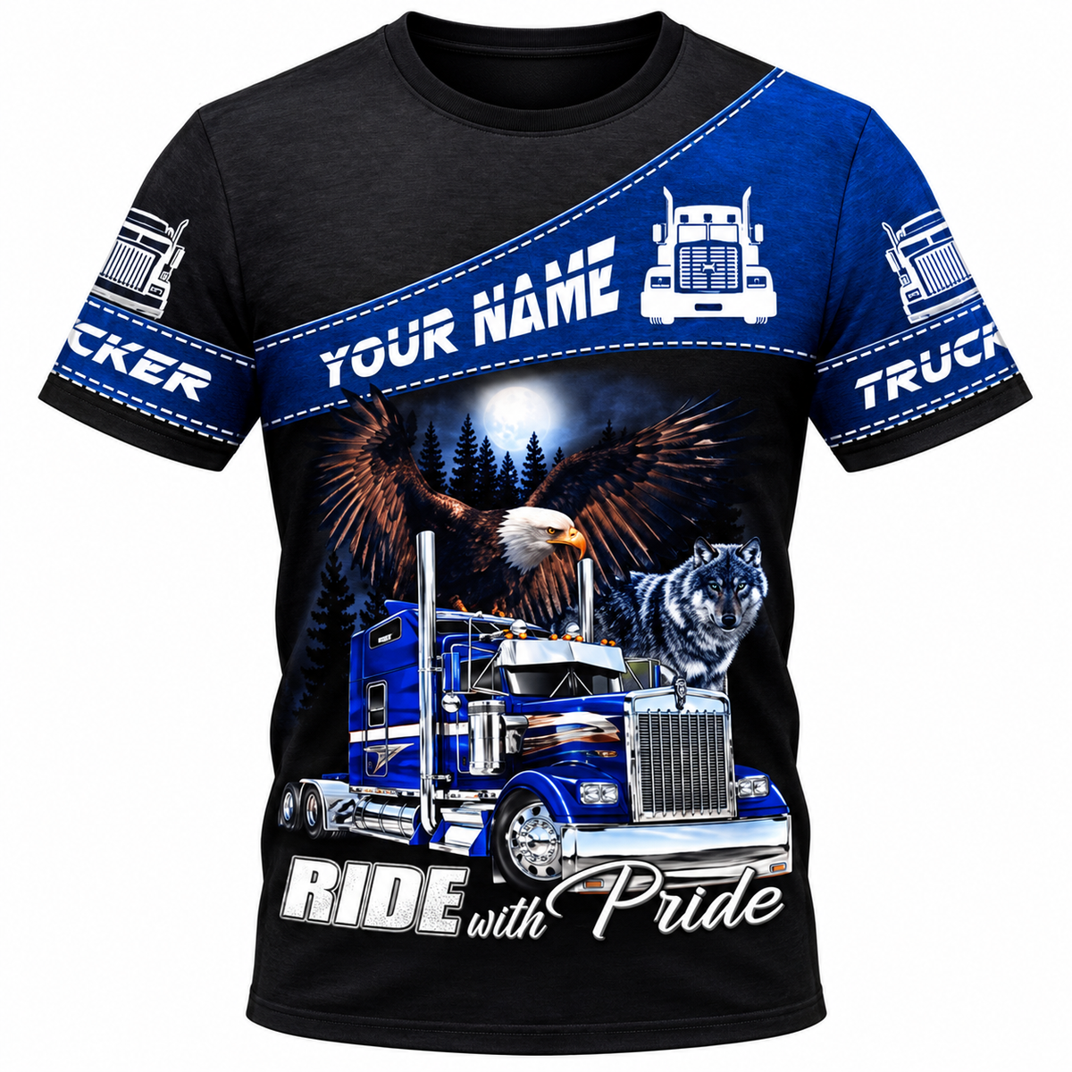 Personalized Trucker Hoodie & T-Shirt - Blue Truck Ride With Pride – T-Shirt, front view