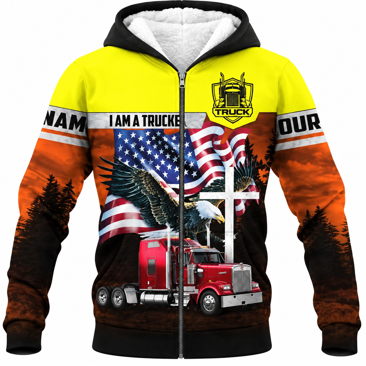 Personalized Trucker Hoodie & T-Shirt - Yellow Trucker Eagle Flag – Fleece Zip Hoodie, front view