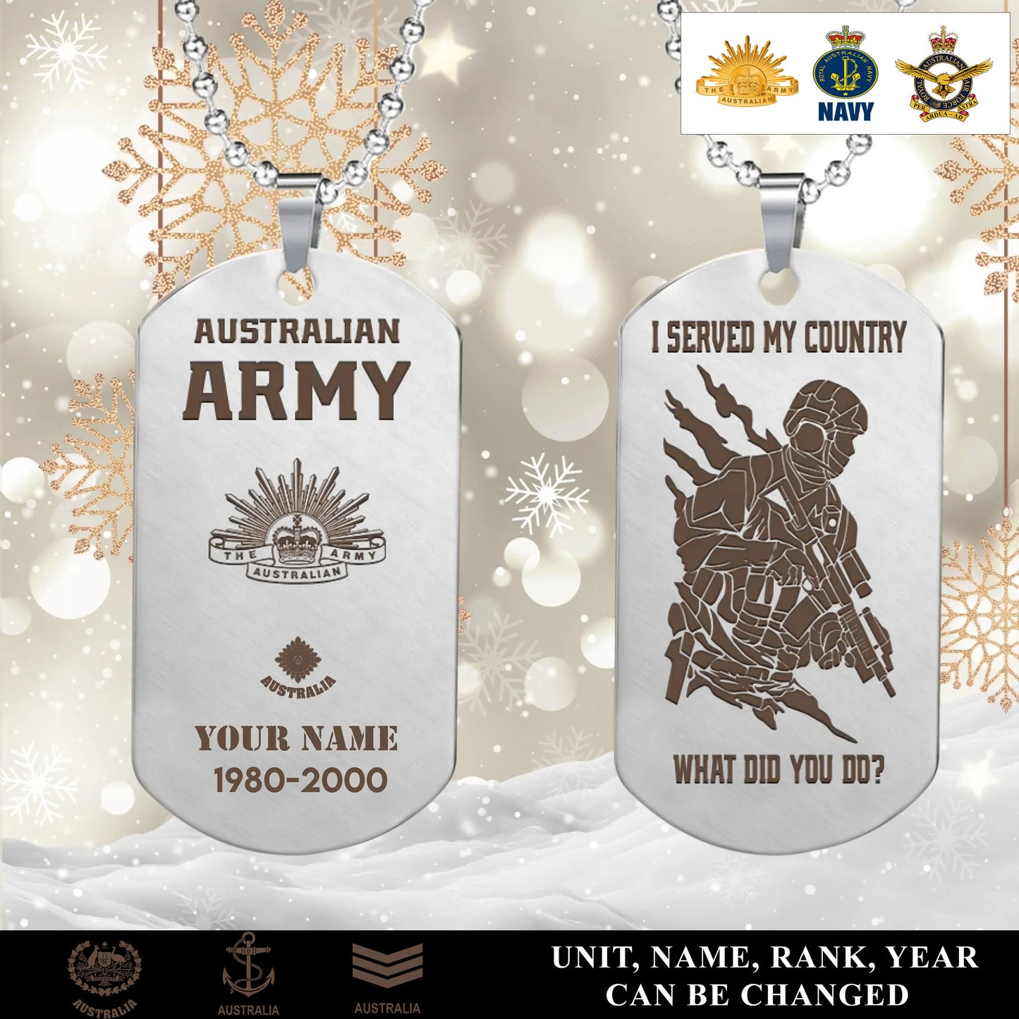 Personalized Australia Soldier/Veteran with Rank, Name & Year Dog Tag Necklace - 17639424