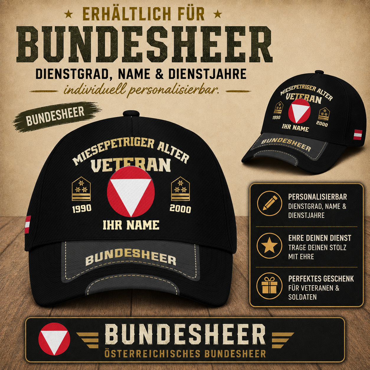 Miesepetriger Alter Veteran Bundesheer Kappe – Personalisierter Name & Dienstgrad - 1757376005