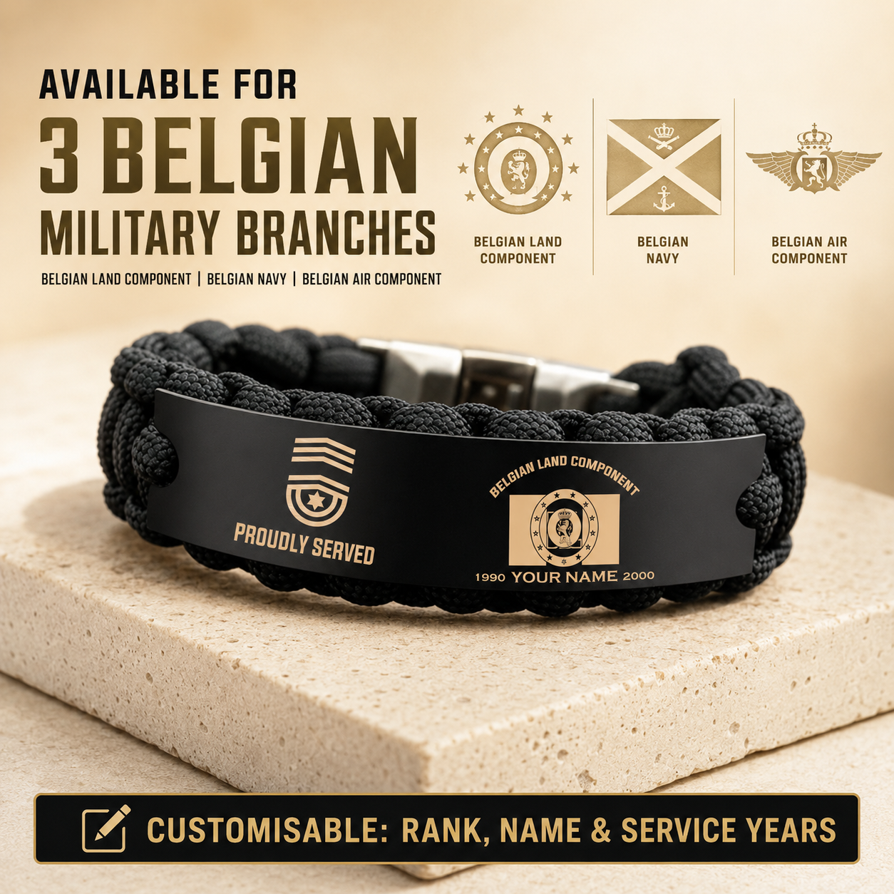 Personalized Belgium Soldier/ Veteran Engraved Military Paracord Bracelet With Rank, Name and Year - 17753472