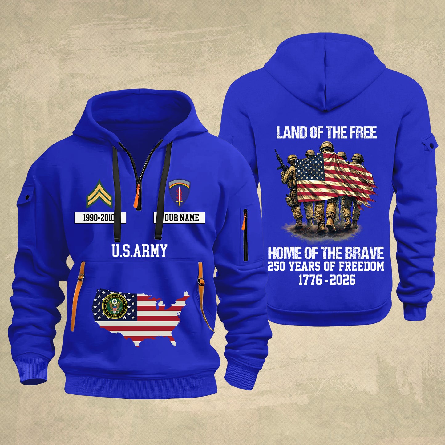 Army Division - Land Of The Free Home Of The Brave – Personalized Zip Hoodie Multicolor, Custom Rank Unit Military Branch Zip Hoodie Multicolor, 250th USA, 4th of July - 17700768