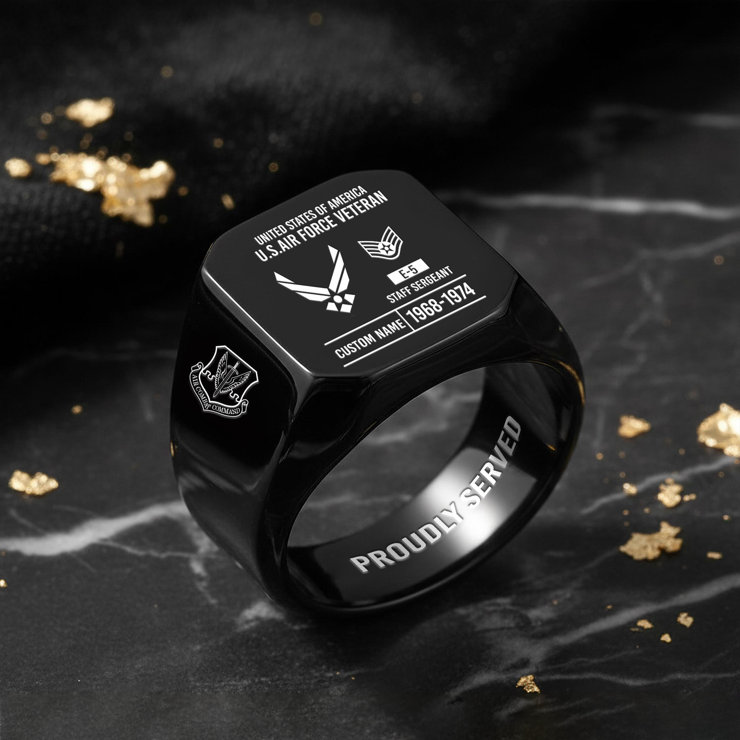 Air Force Command - Personalized US Soldier/Veteran with Name and Rank Engraved Men’s Ring - 1775692803