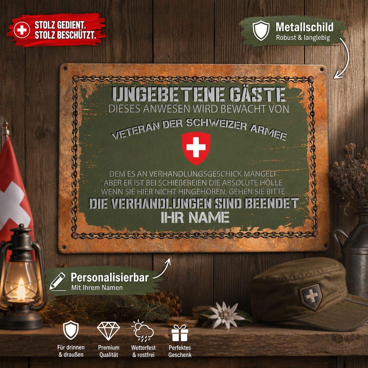 Personalisiertes Metallschild mit Schweizer Soldaten-/Veteranen-Motiv – 17254944