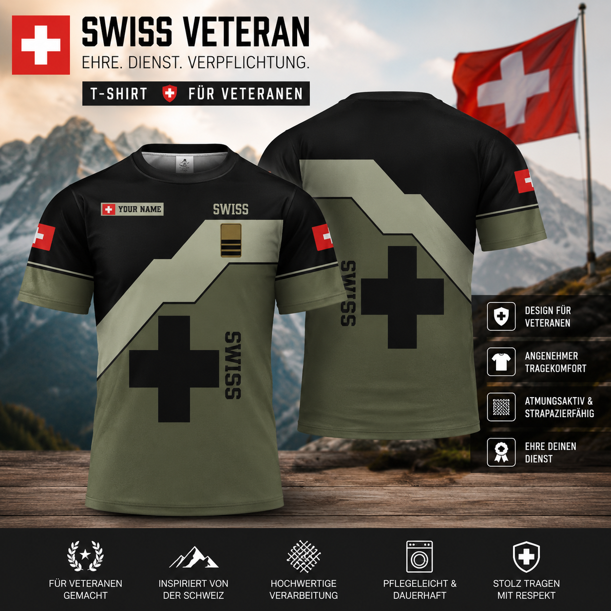 Personalized Swiss Solider/ Veteran Camo With Name And Rank T-Shirt 3D Printed - 1706227201