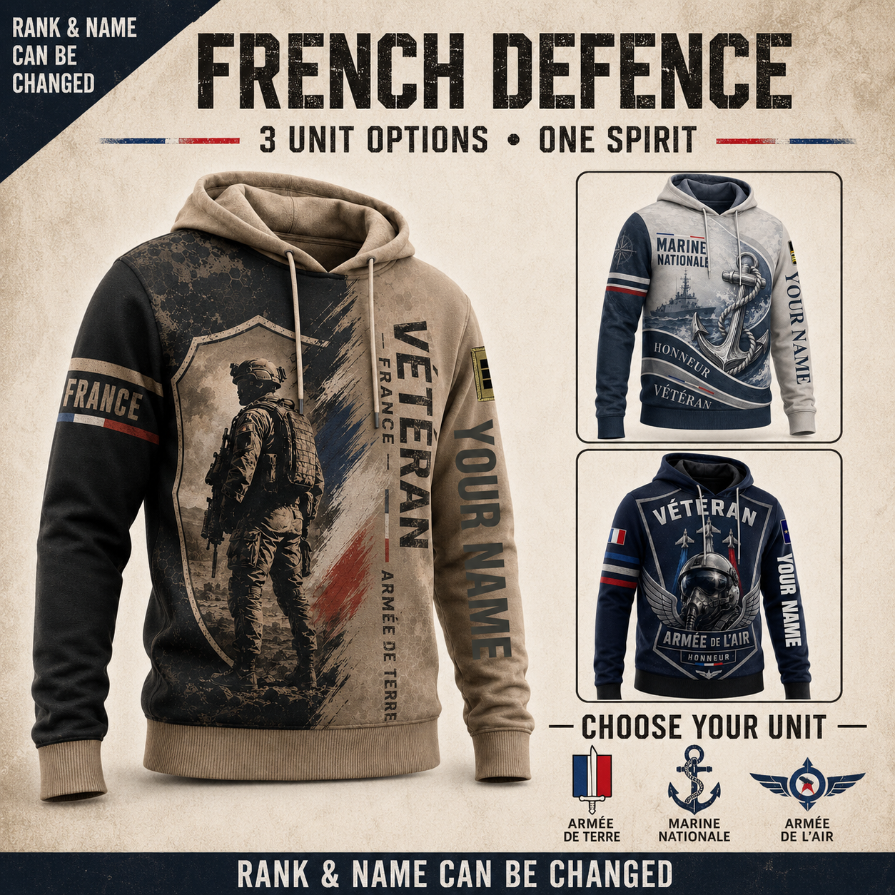 Personalized France Soldier/Veteran with Name & Rank Hoodie All Over Printed - 17785440