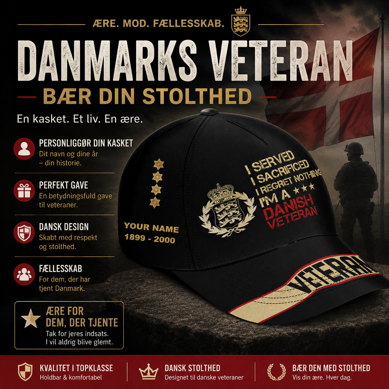 Casquette de baseball camouflage personnalisée avec grade, année et nom pour soldat/vétéran du Danemark - 17167680