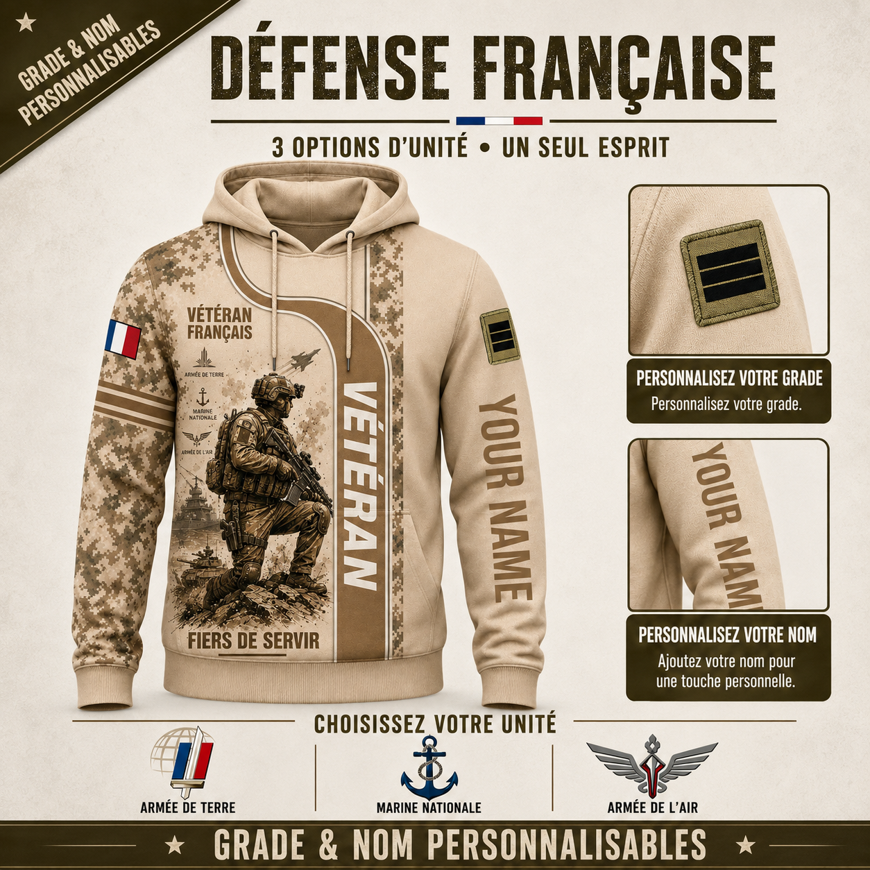 Personalized France Soldier/Veteran with Name & Rank Hoodie All Over Printed - QK1779148822