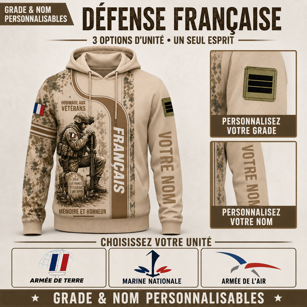 Personalized France Soldier/Veteran with Name & Rank Hoodie All Over Printed - QK1779148823