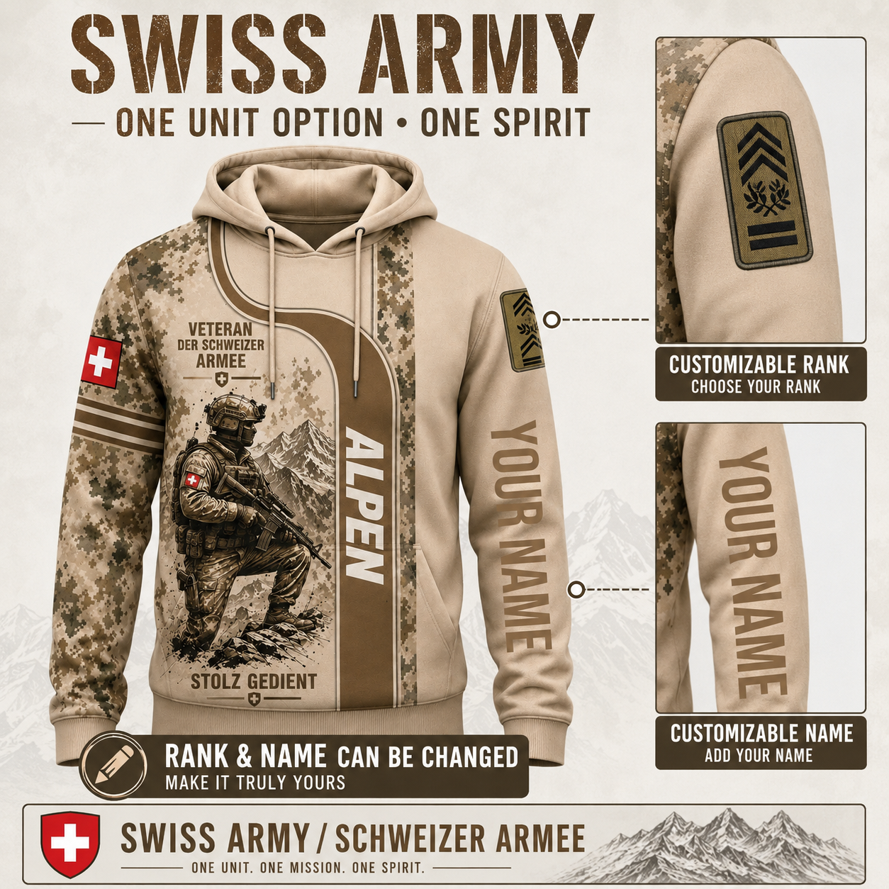 Personalized Swiss Soldier/Veteran with Name and Rank Hoodie All Over Printed - QK1779148827