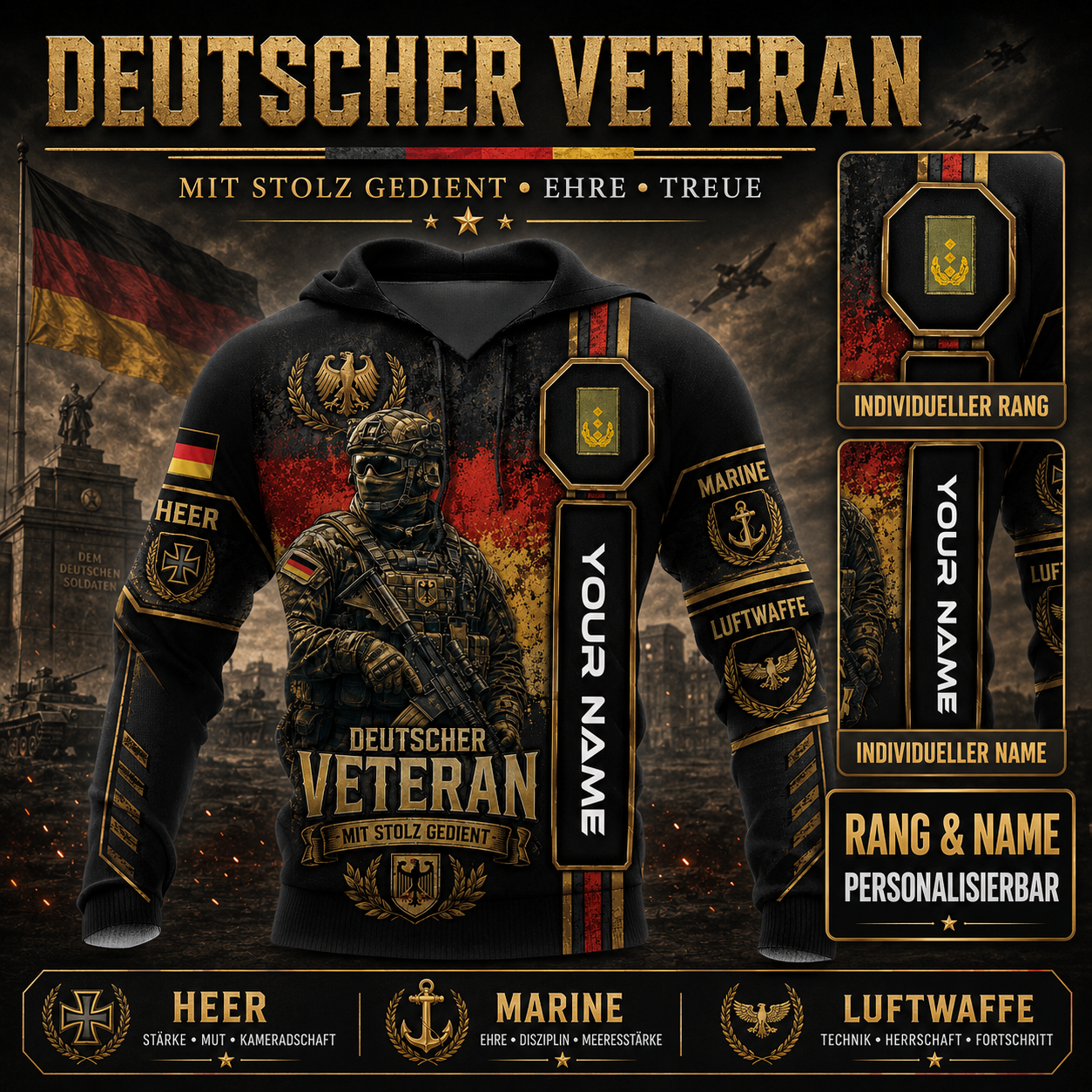 Personalized Germany Soldier/Veteran with Name and Rank Hoodie All Over Printed - QK1779321624