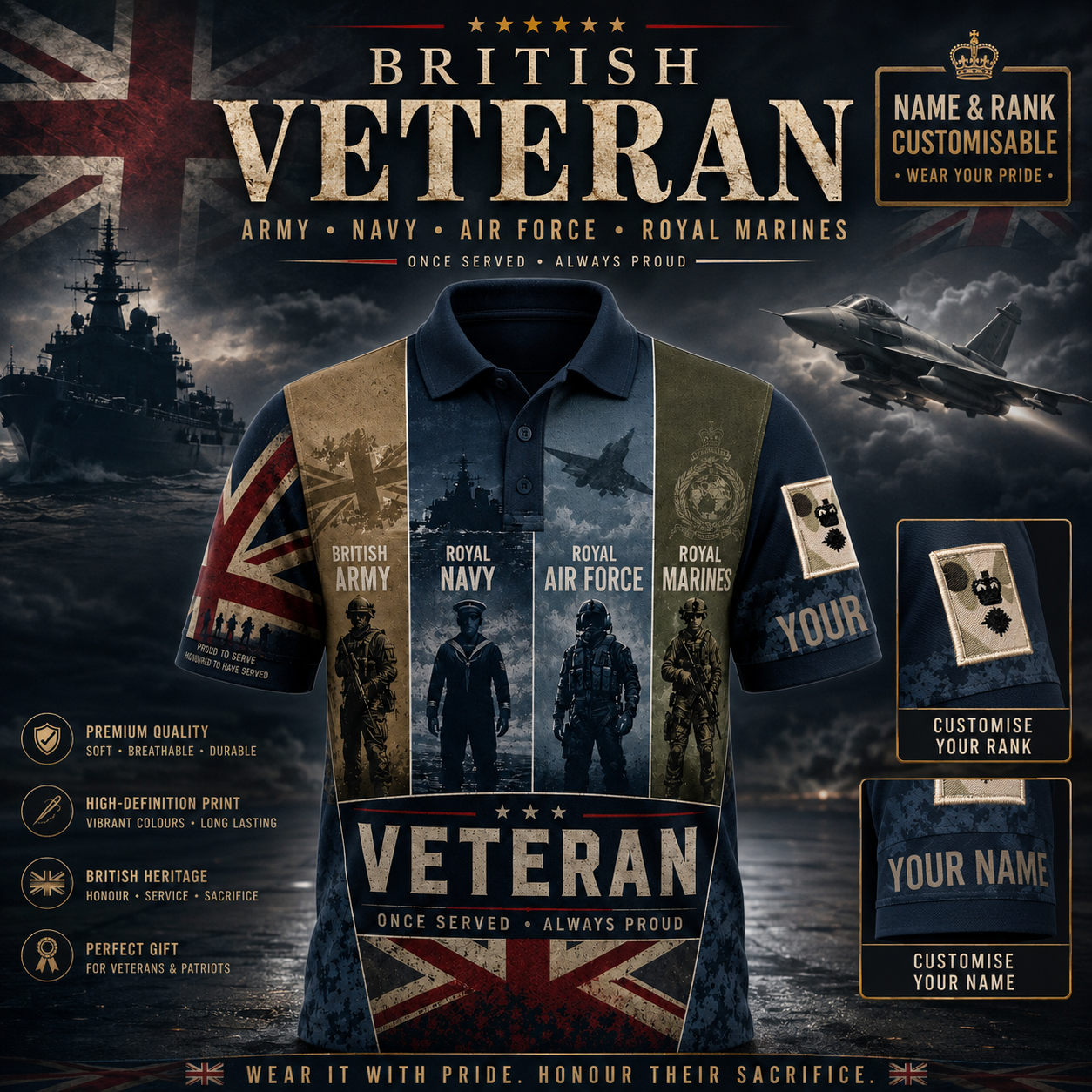 Personalized UK Soldier/Veteran with Name and Rank Polo All Over Printed - QK1779408020