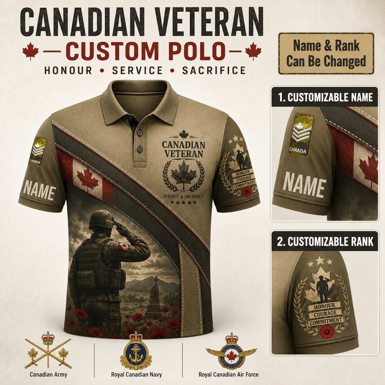 Personalized Canada Soldier/Veteran with Name and Rank Polo All Over Printed - QK1779753611