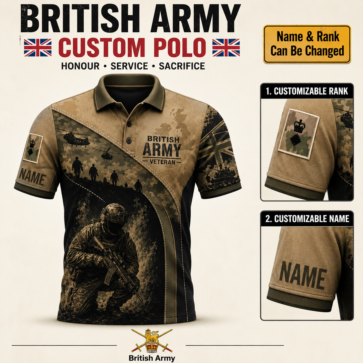 Personalized UK British Army Soldier/Veteran with Name and Rank Polo All Over Printed - QK1779753617