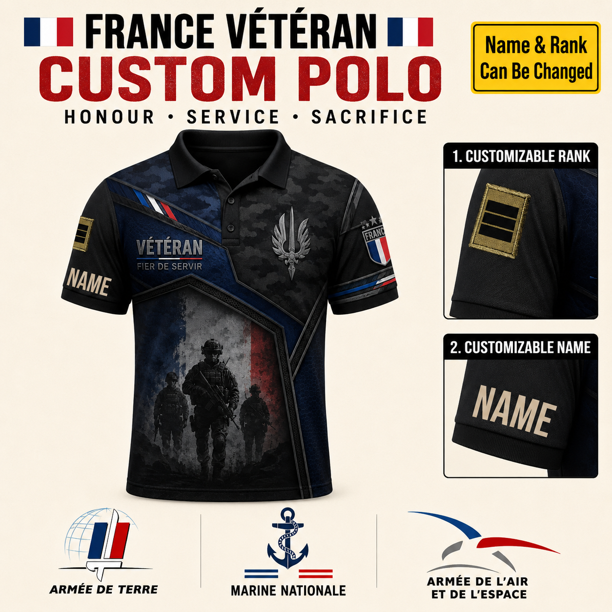 Personalized France Soldier Veteran with Name and Rank Polo All Over Printed - QK1779753625