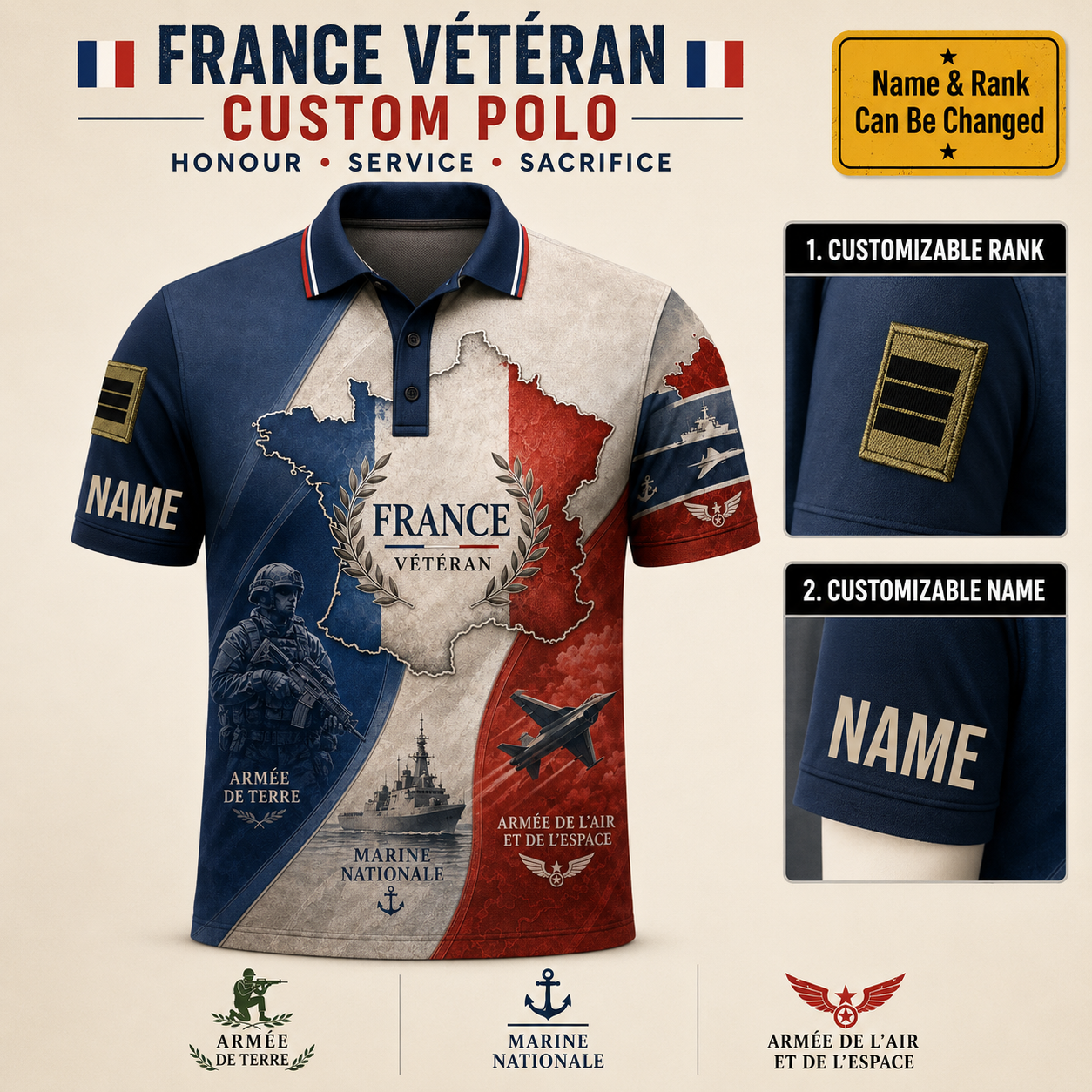 Personalized France Soldier Veteran with Name and Rank Polo All Over Printed - QK1779753627