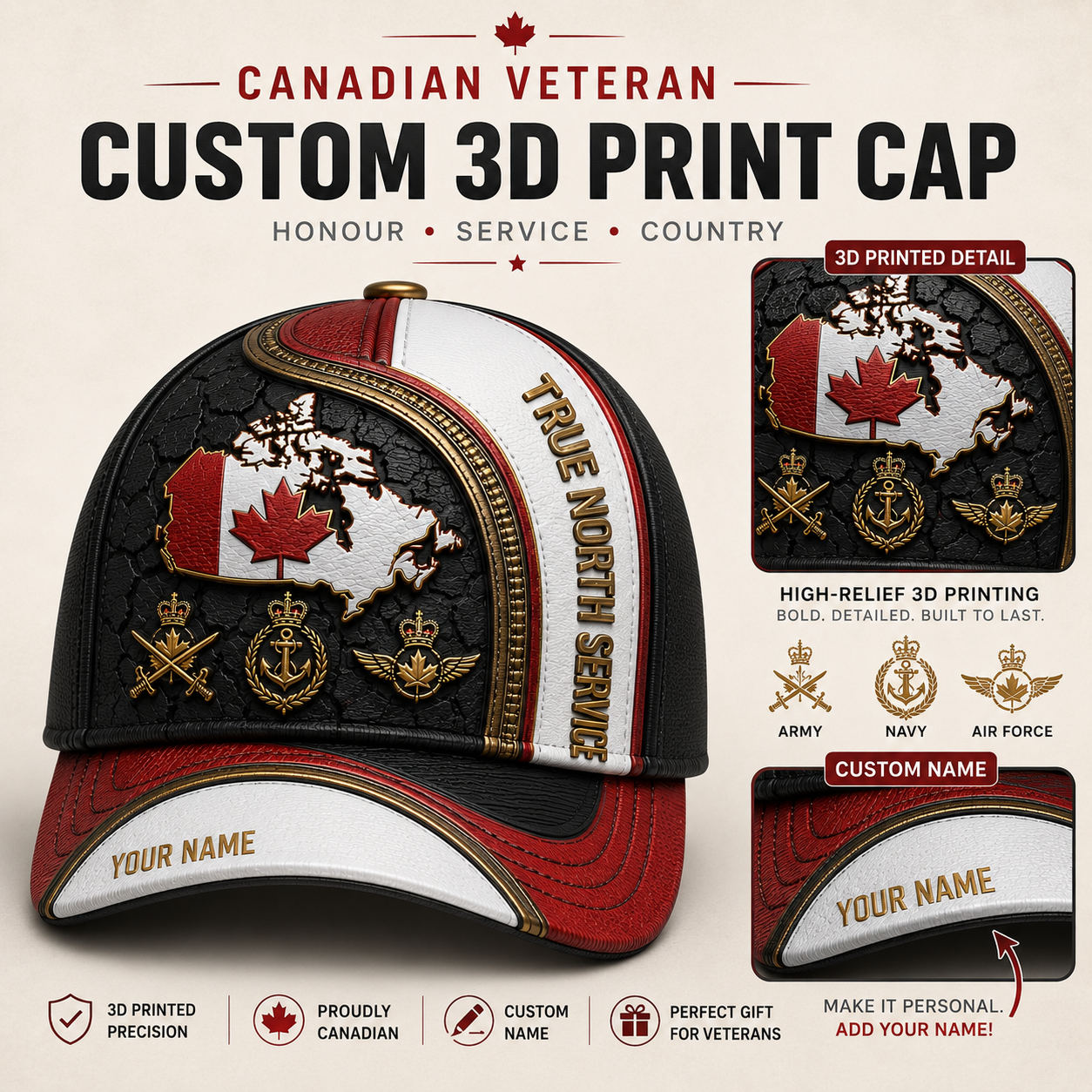Personalized Name Canada Soldier/Veterans All Over Printed Baseball Cap - QK1779667209