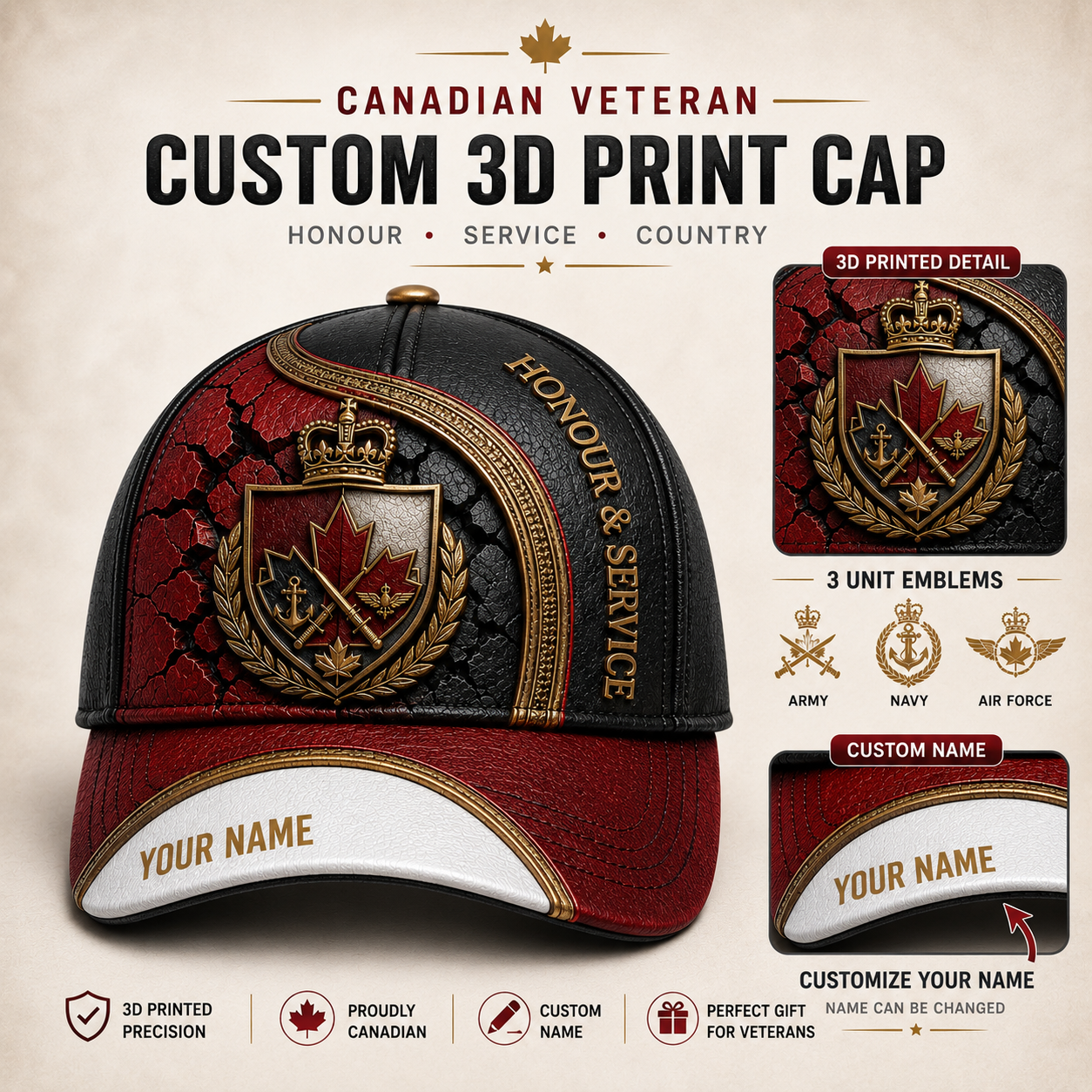Personalized Name Canada Soldier/Veterans All Over Printed Baseball Cap - QK1779667210