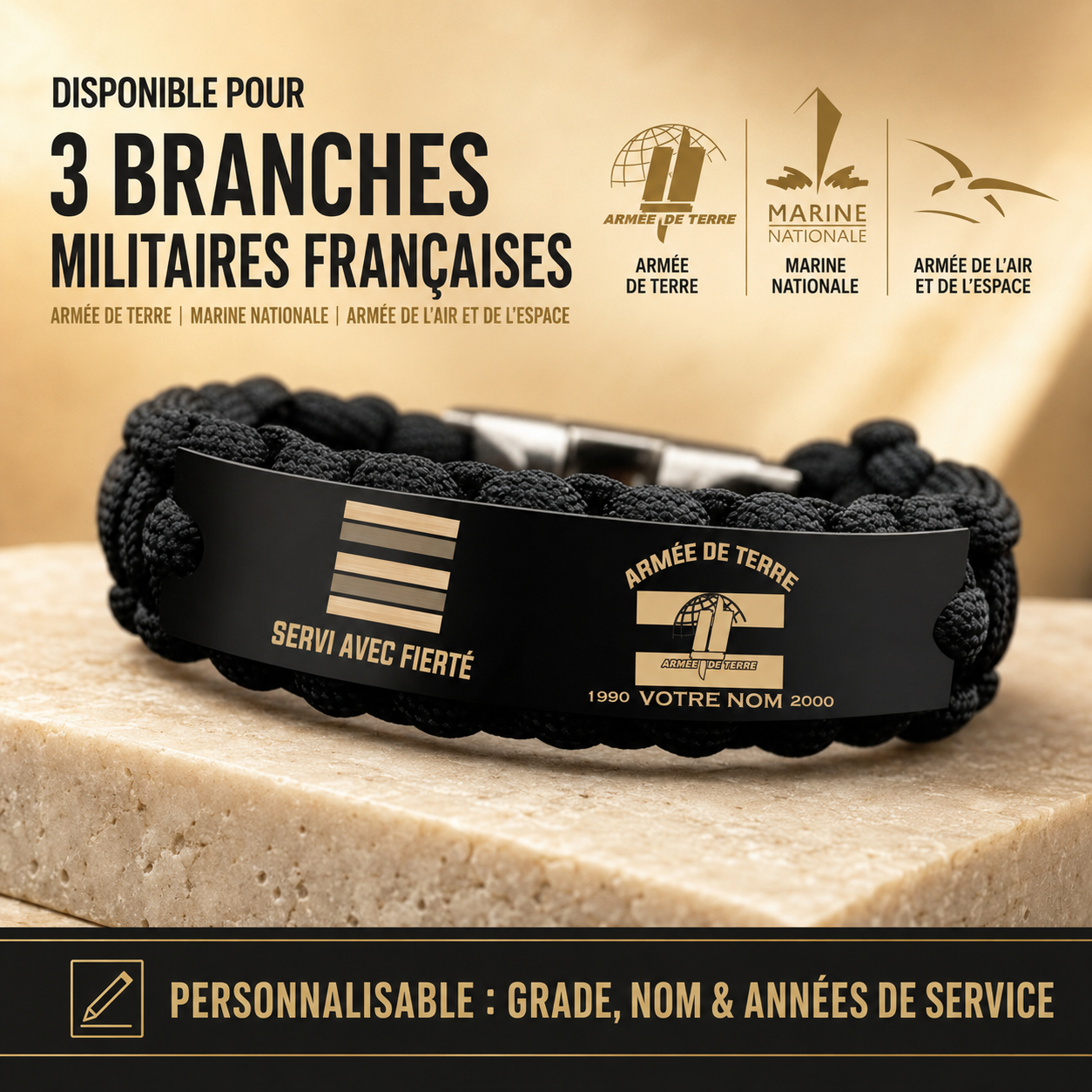 Personalized France Soldier/ Veteran Engraved Military Paracord Bracelet With Rank, Name and Year - 17753472