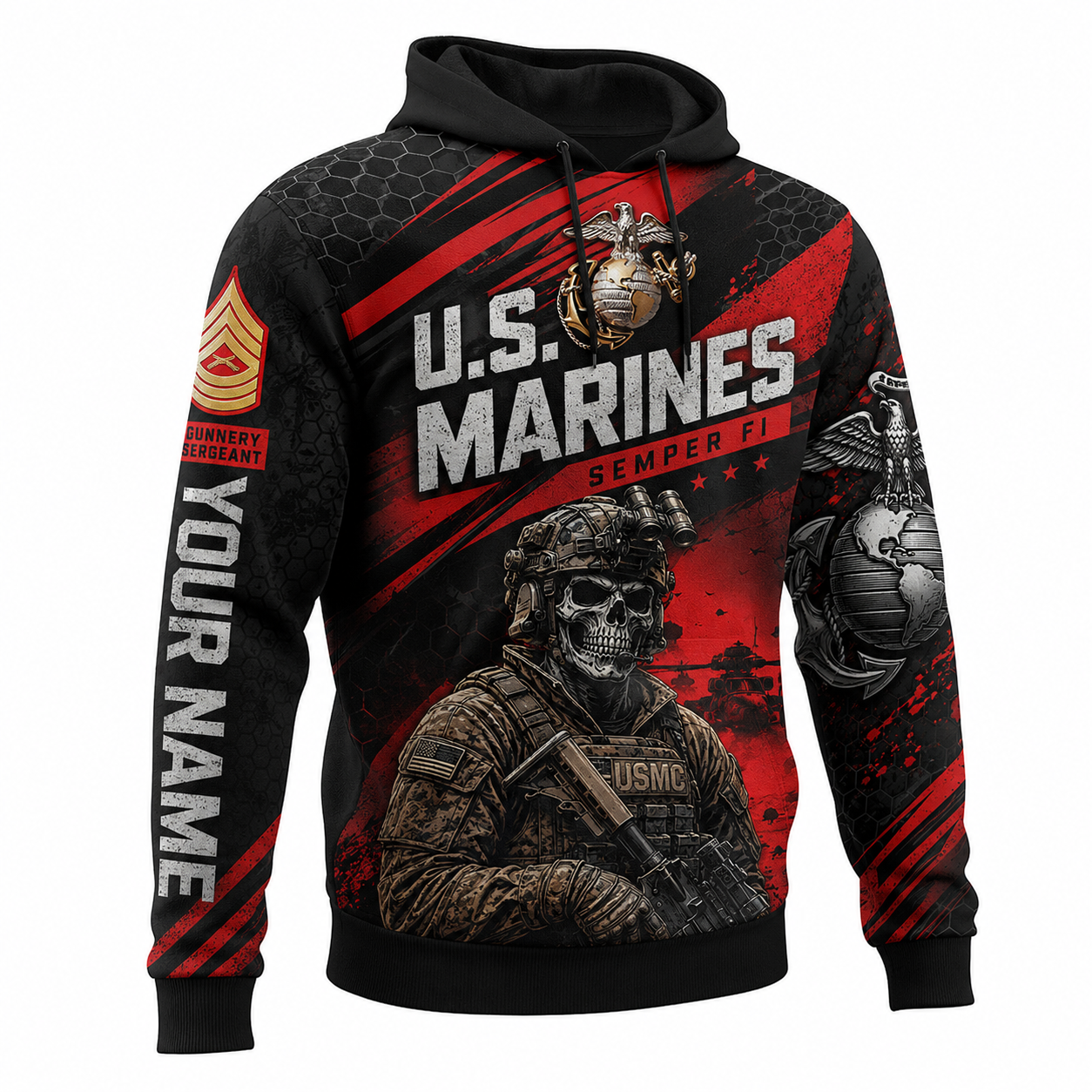 U.S. Marine Corps Veteran Hoodie Custom Name Rank Patriotic Apparel - 1778630408