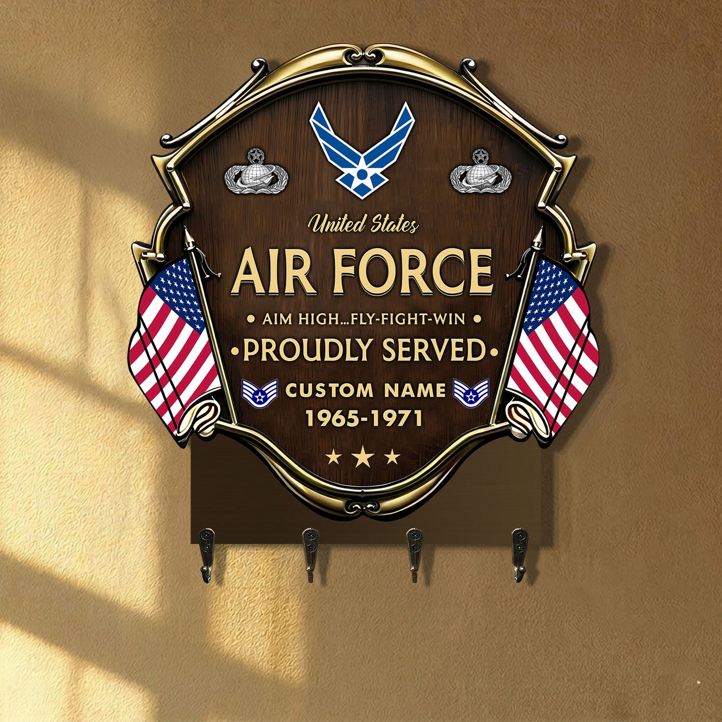 Air Force Badge - Personalized US Veteran/ Soldier With Rank, Year And Name Wooden Key Holder - 17762112