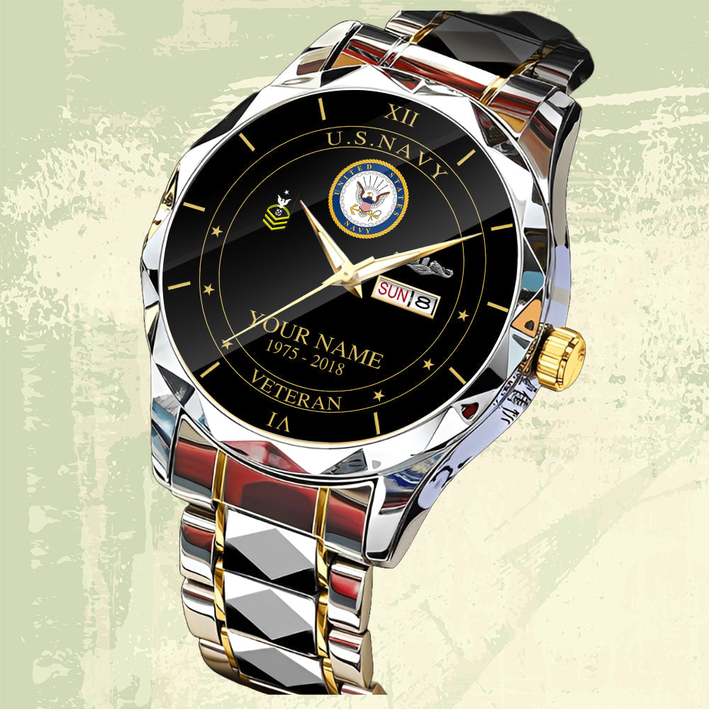 Navy Badge - Personalized US Soldier/ Veteran Rank And Name Gentleman Crystal Metal Watch - 17448480