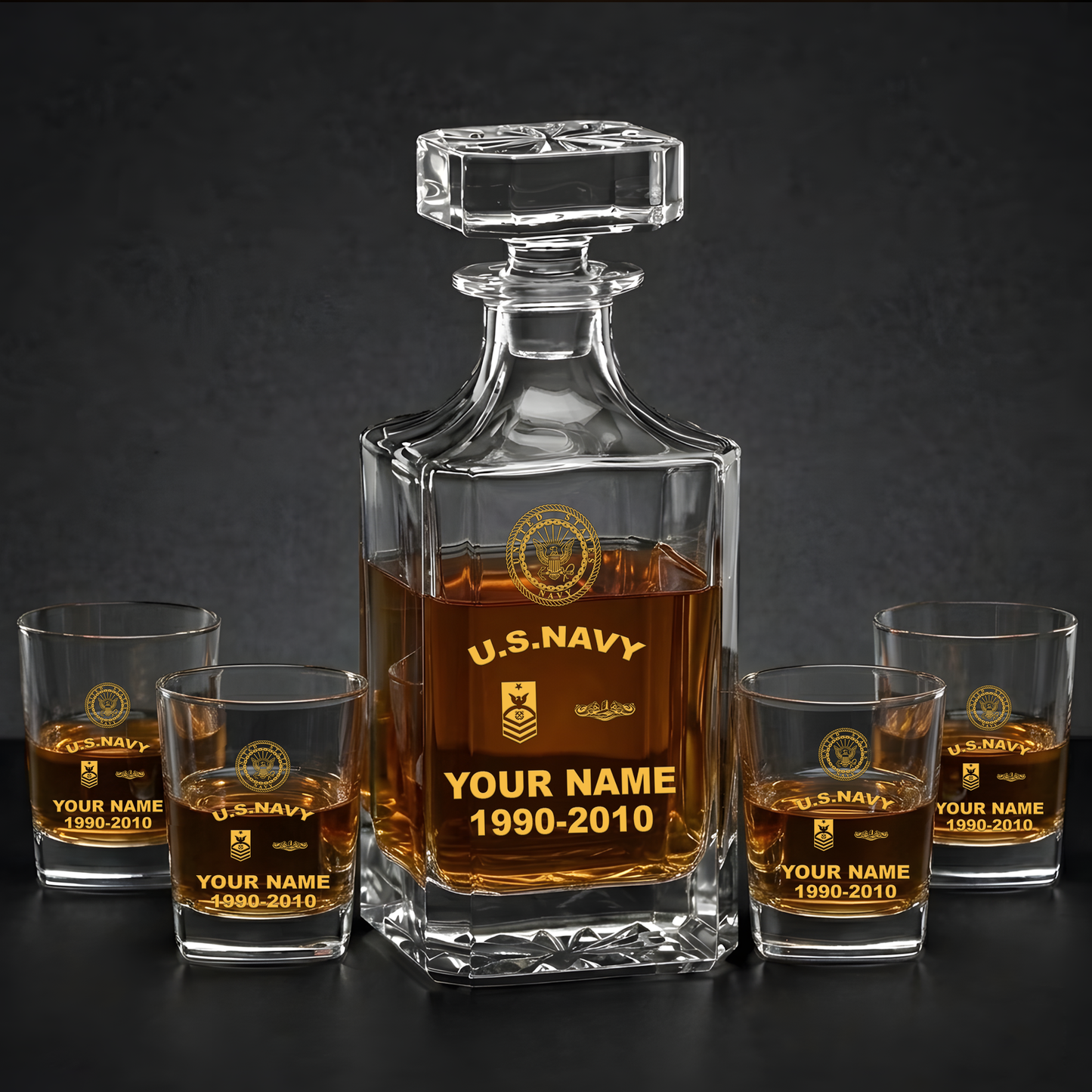 Navy Badge - Personalized US Soldier/ Veteran Rank, Year And Name - Whiskey Decanter Set - 17750880