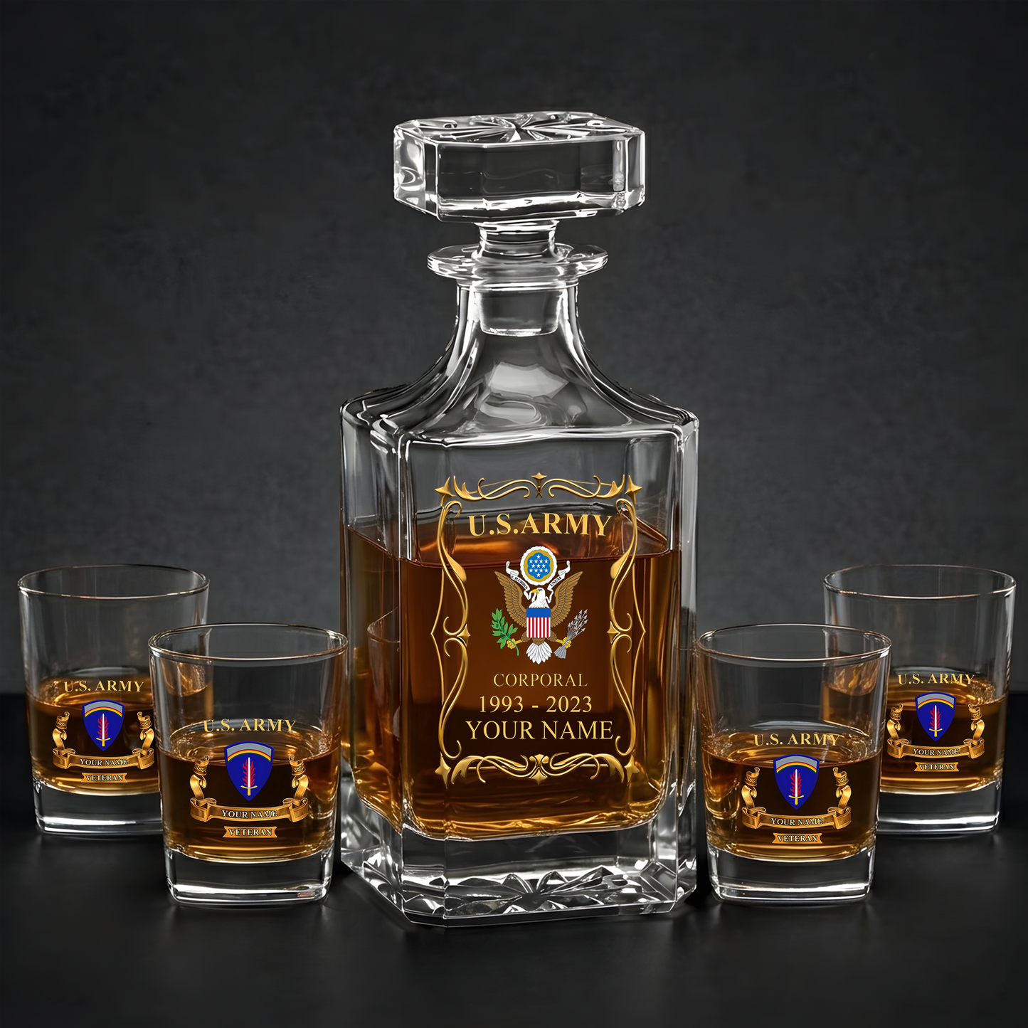 Army Division - Personalized US Soldier/ Veteran Rank, Year And Name - Whiskey Decanter Set - 17754084