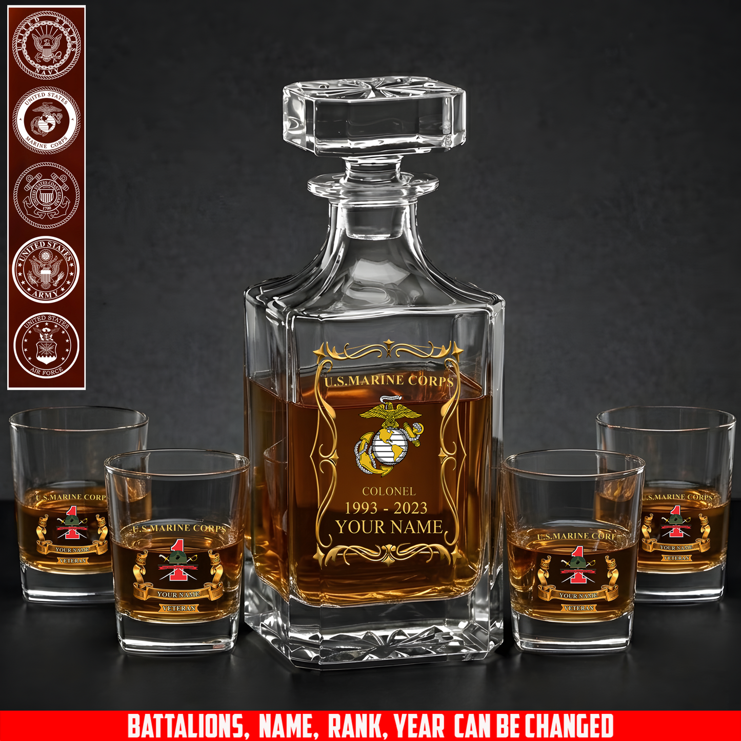 Marines Battalions - Personalized US Soldier/ Veteran Rank, Year And Name - Whiskey Decanter Set - 17754084