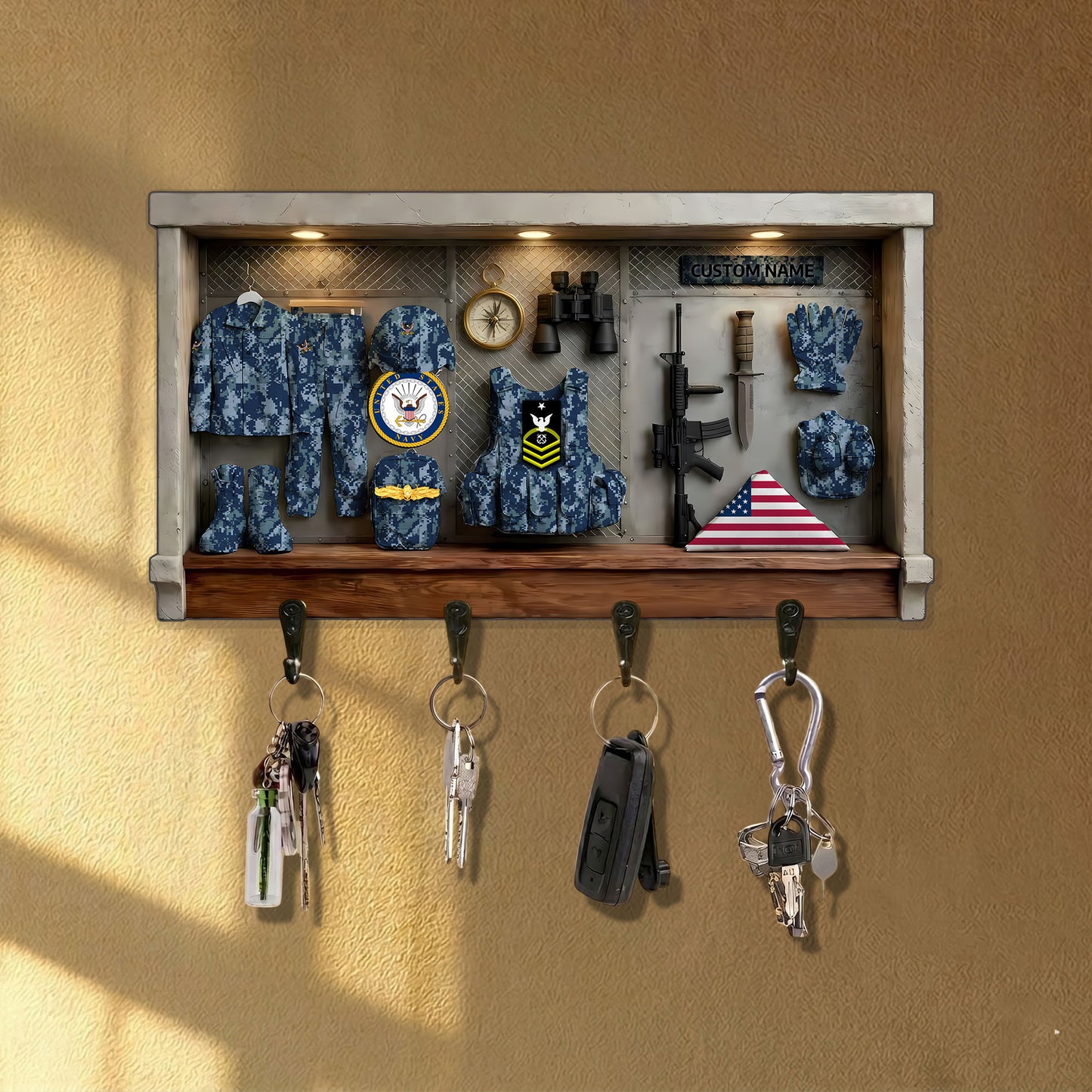 Navy Badge - Personalized US Veteran/ Soldier With Rank and Name Wooden Key Holder - 1776124803