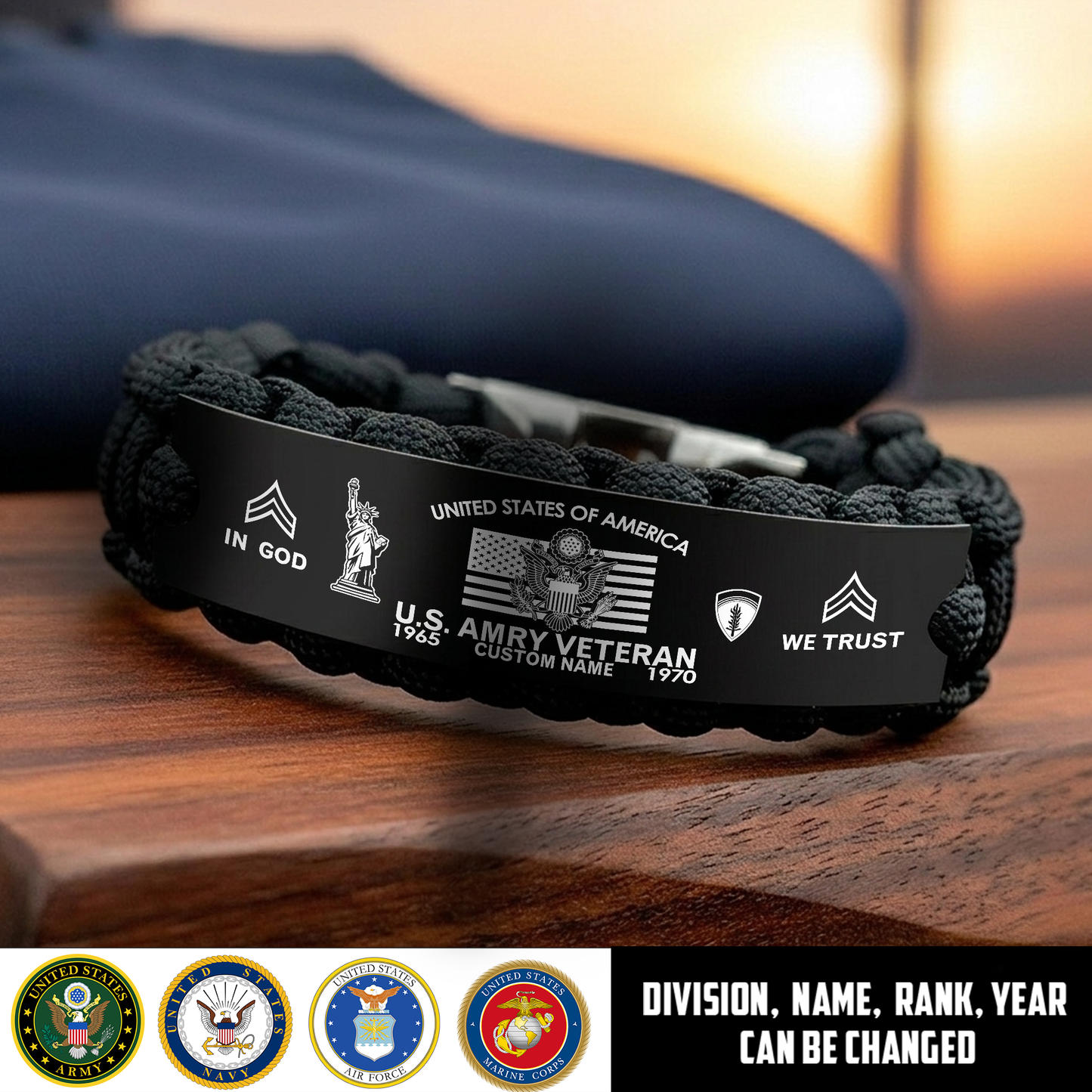 Army Division - Personalized US Soldier/ Veteran Engraved Military Paracord Bracelet With Rank, Name and Year - 17756064