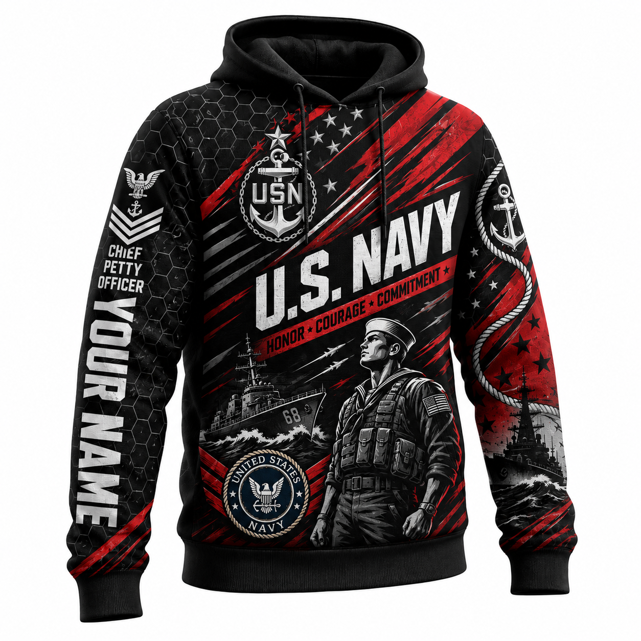 U.S. Navy Veteran Hoodie Custom Name Rank Patriotic Apparel - 1778630408