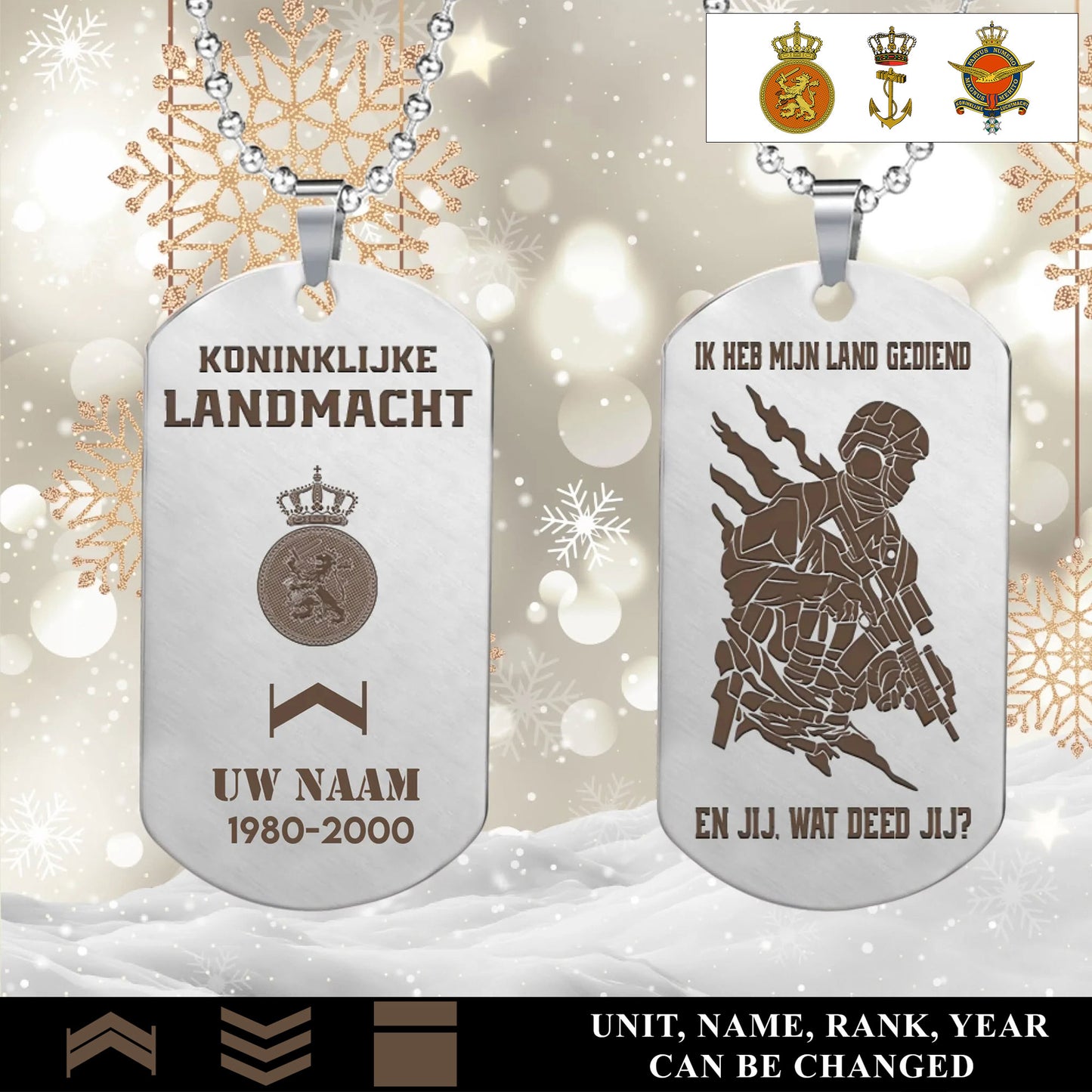 Personalized Netherlands Soldier/Veteran with Rank, Name & Year Dog Tag Necklace - 1763942401