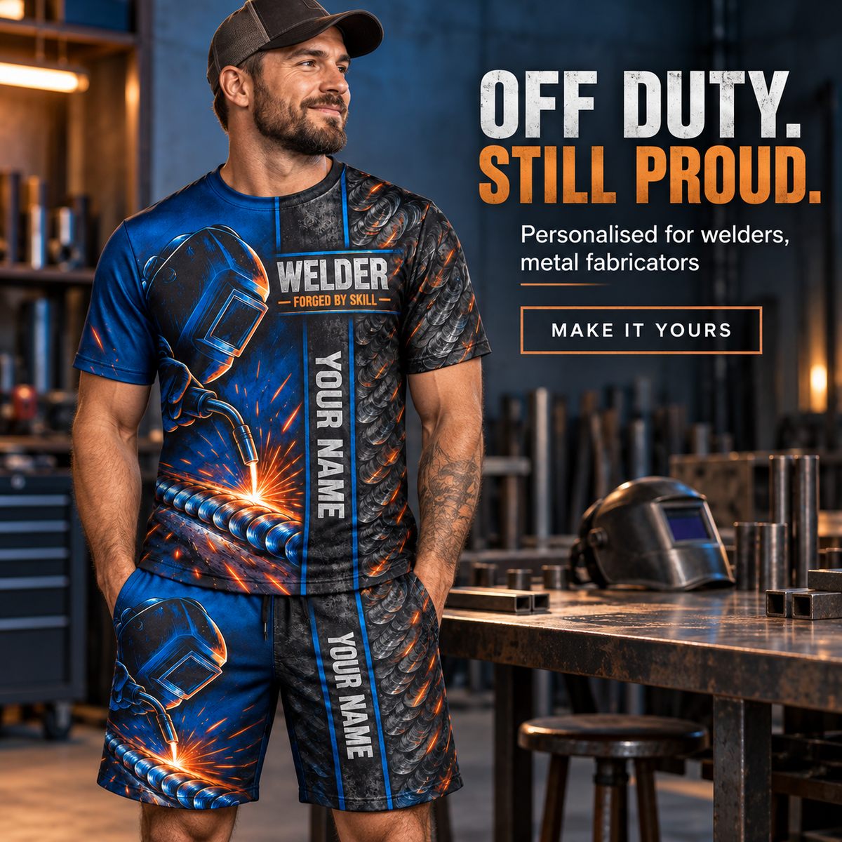 Personalized Welder T-Shirt and Shorts Set - Split Texture - advertising image