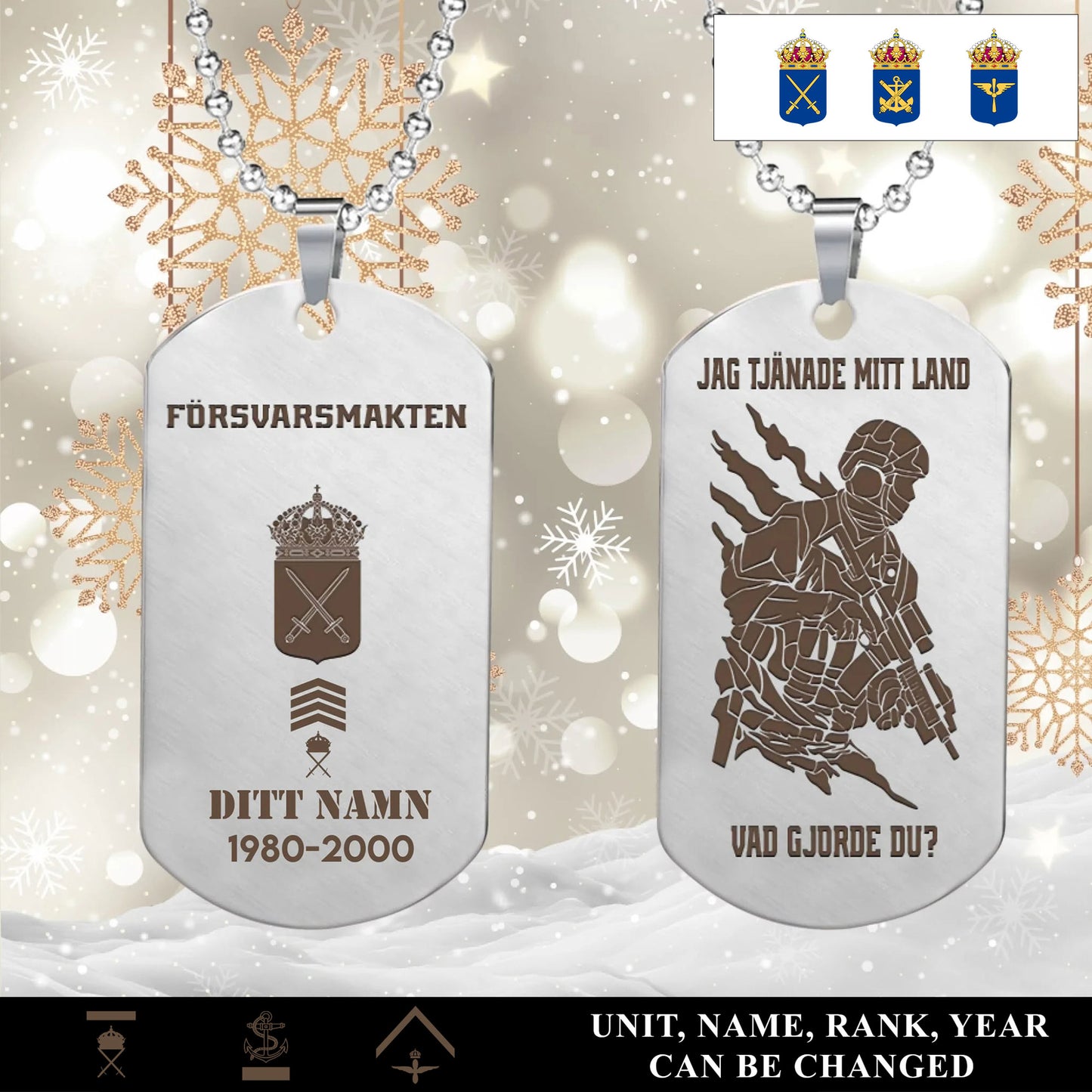 Personalized Sweden Soldier/Veteran with Rank, Name & Year Dog Tag Necklace - 1763942401