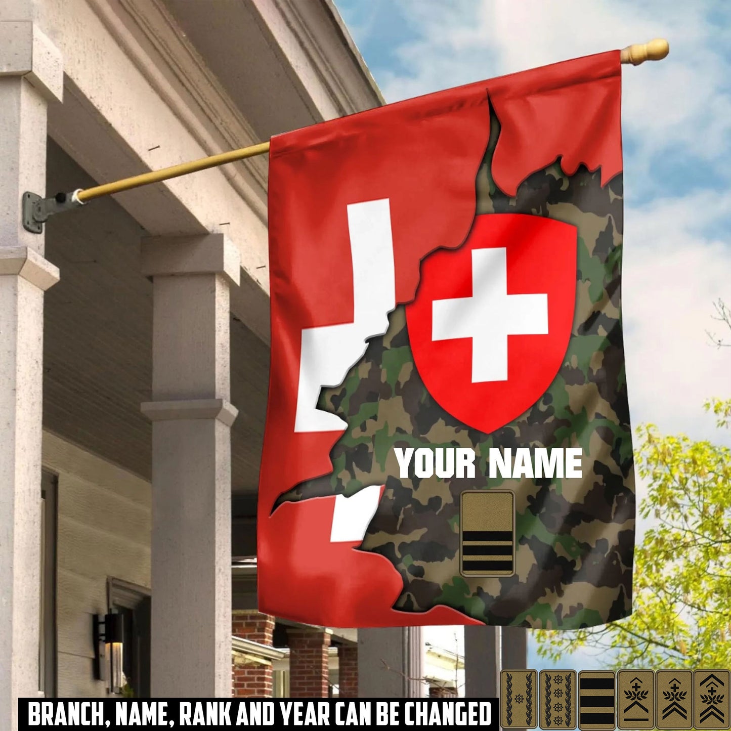 Personalized Swiss Solider/ Veteran Camo With Namw & Rank House Flag 3D Printed - 1759536002