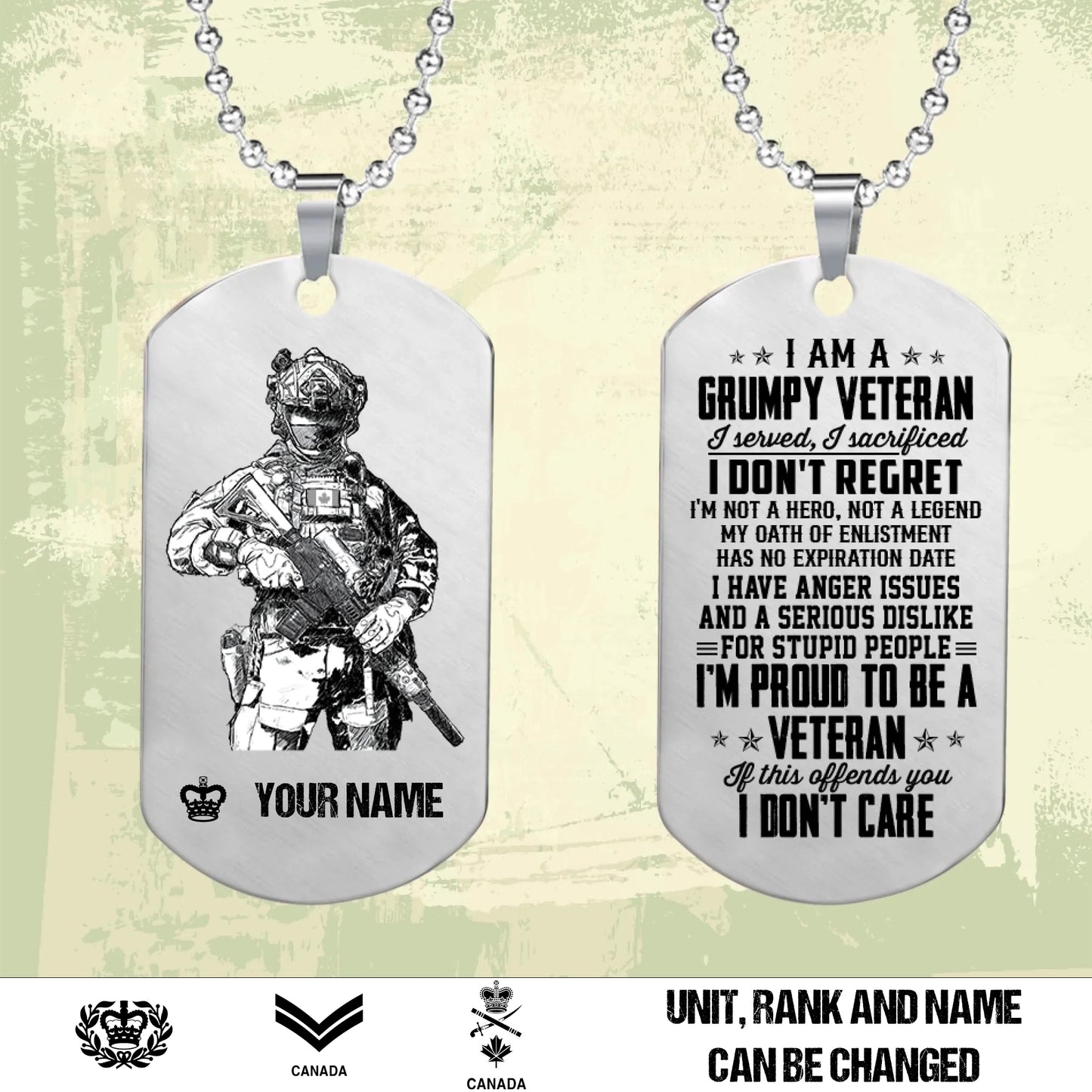 Personalized Canada Soldier/Veteran with Rank And Name Dog Tag Necklace - 17477856