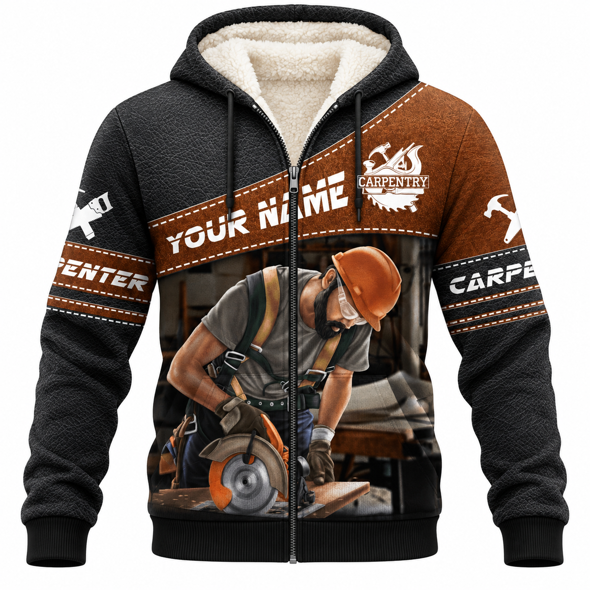 Personalized carpenter fleece zip hoodie with brown diagonal band and carpenter at work print, front view