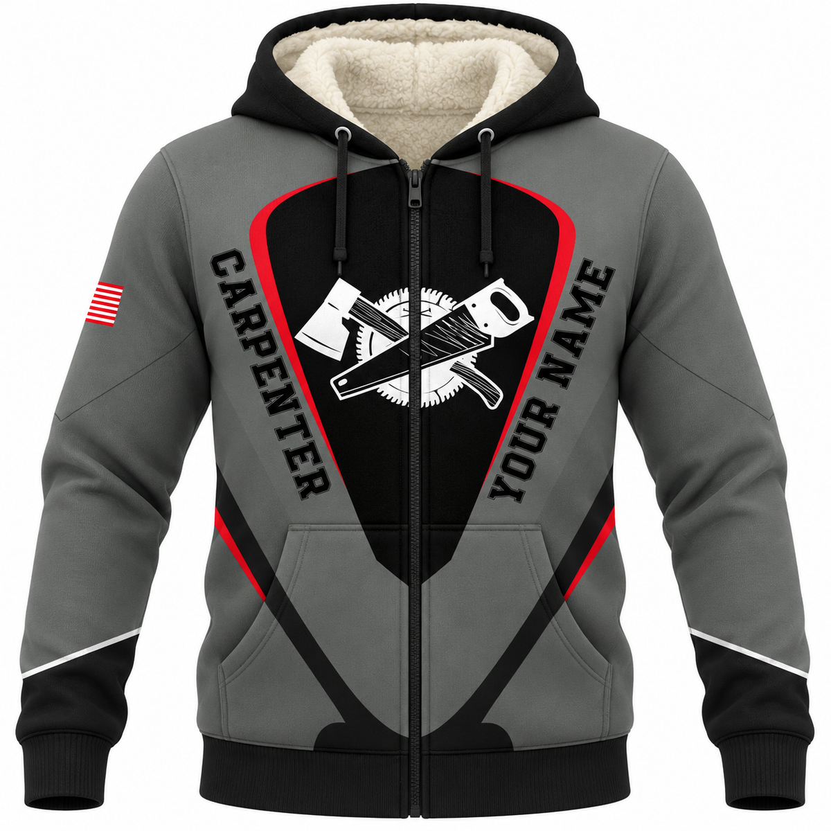 Personalized carpenter fleece zip hoodie with grey red crossed tools design, front view