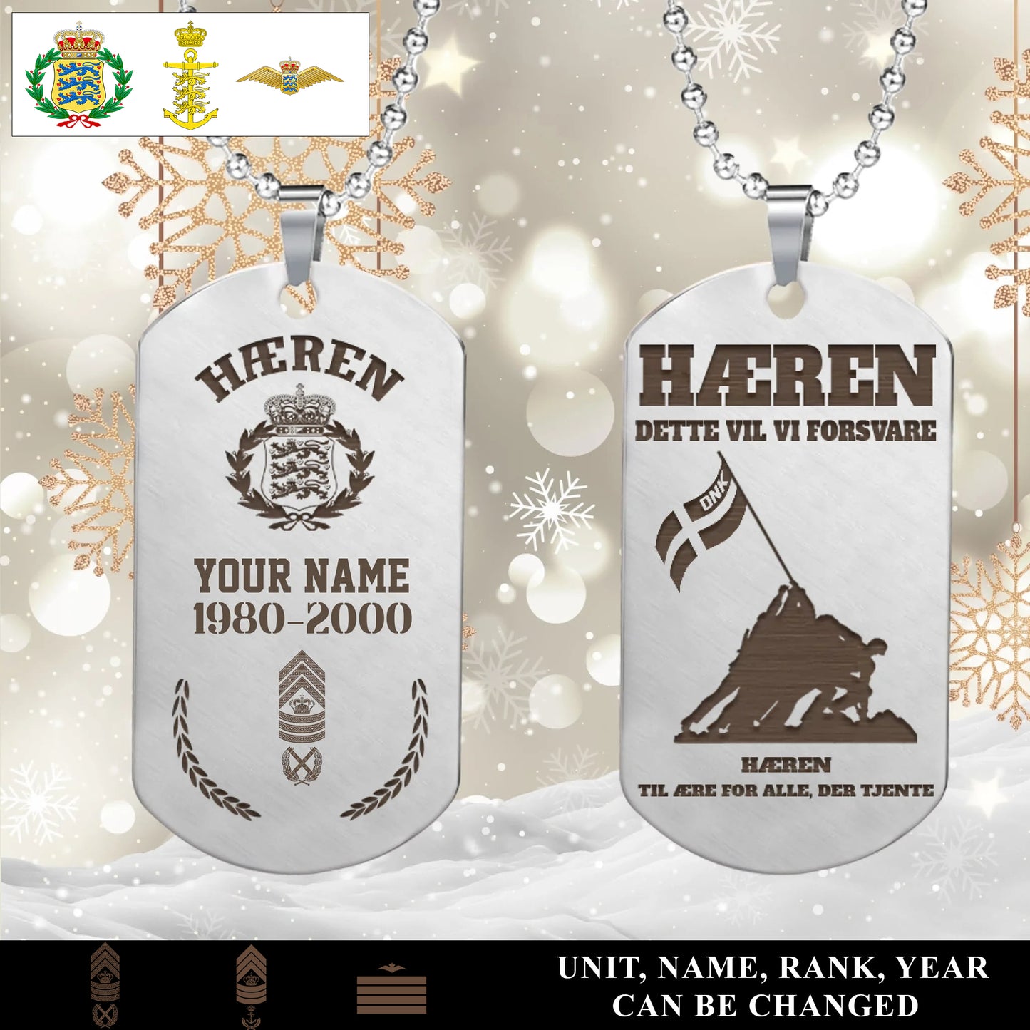 Personalized Denmark Soldier/Veteran with Rank, Name & Year Dog Tag Necklace - 17657568