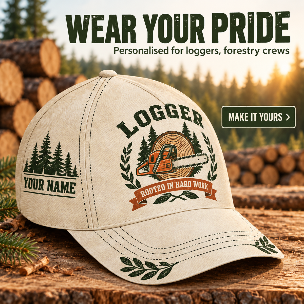 Personalized Logger Baseball Cap - Vintage Laurel - advertising image