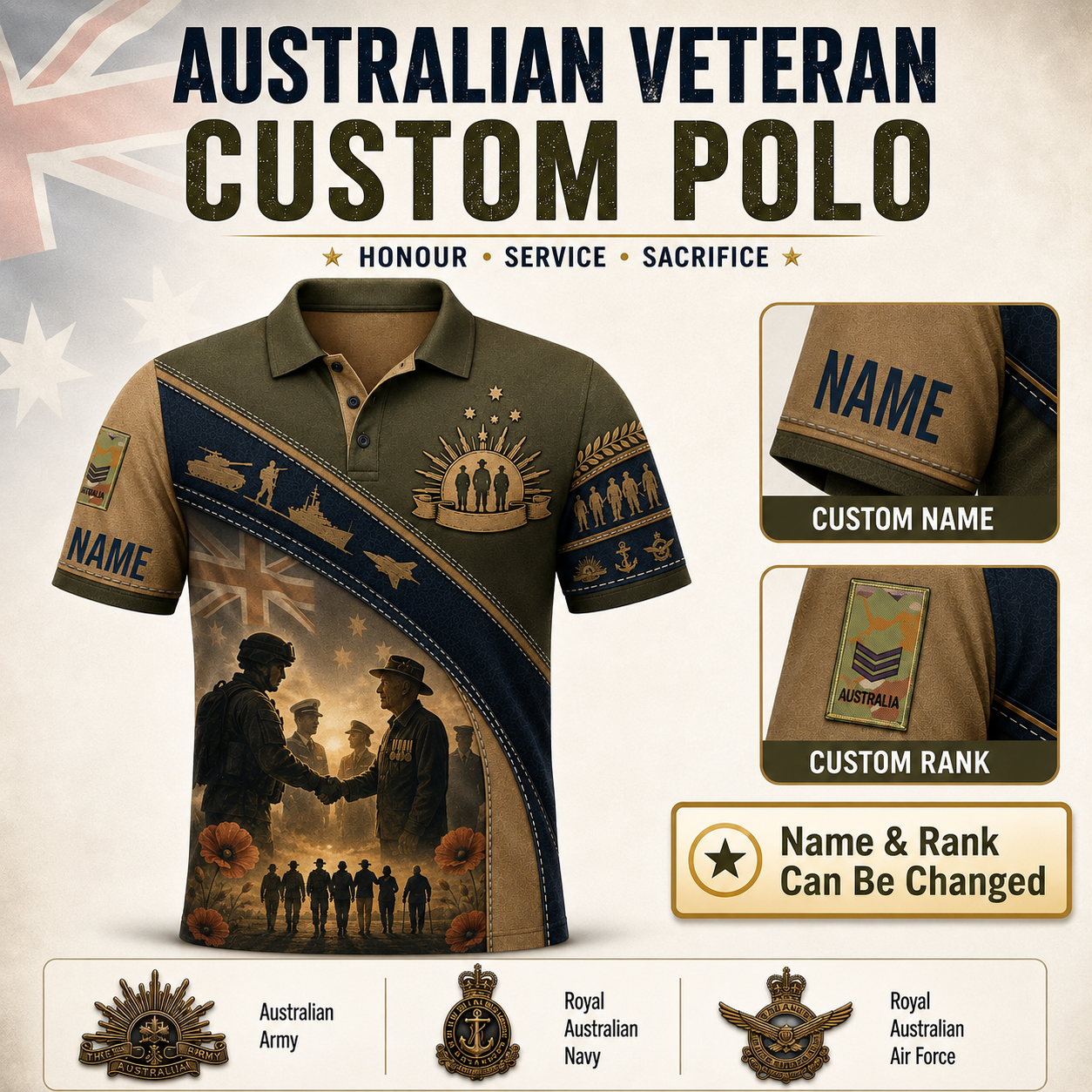 Personalized Australia Soldier/Veteran with Name and Rank Polo All Over Printed - QK1779753607
