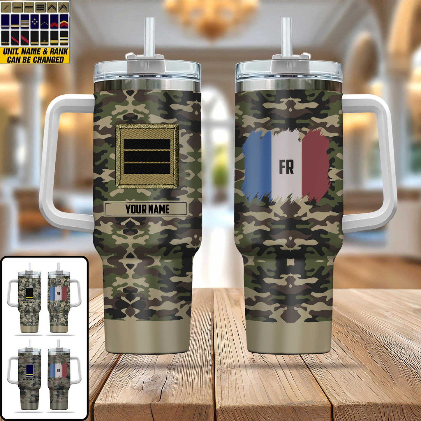 Personalized France Soldier/ Veteran Camo With Name And Rank 40oz Tumbler 3D Printed - 17060544