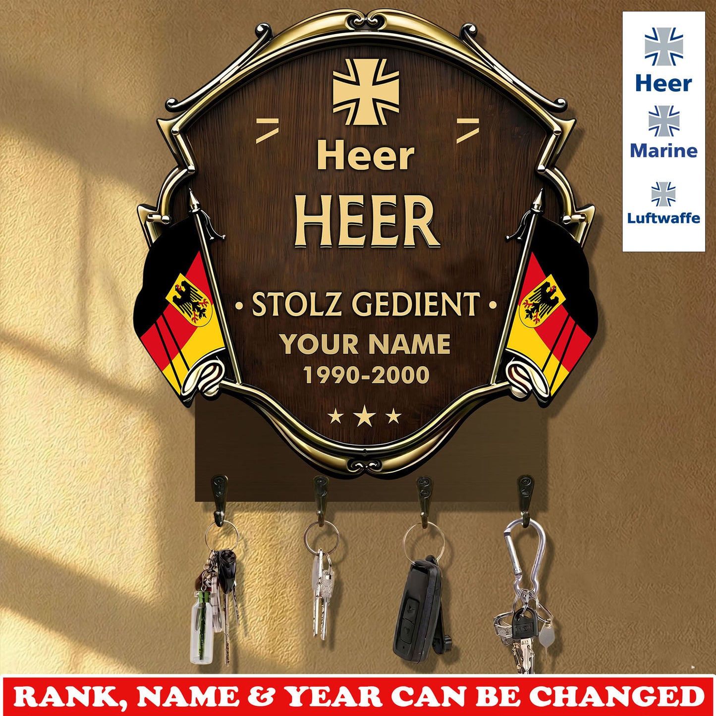 Personalized Germany Veteran/ Soldier With Rank, Year And Name Wooden Key Holder - 17757792