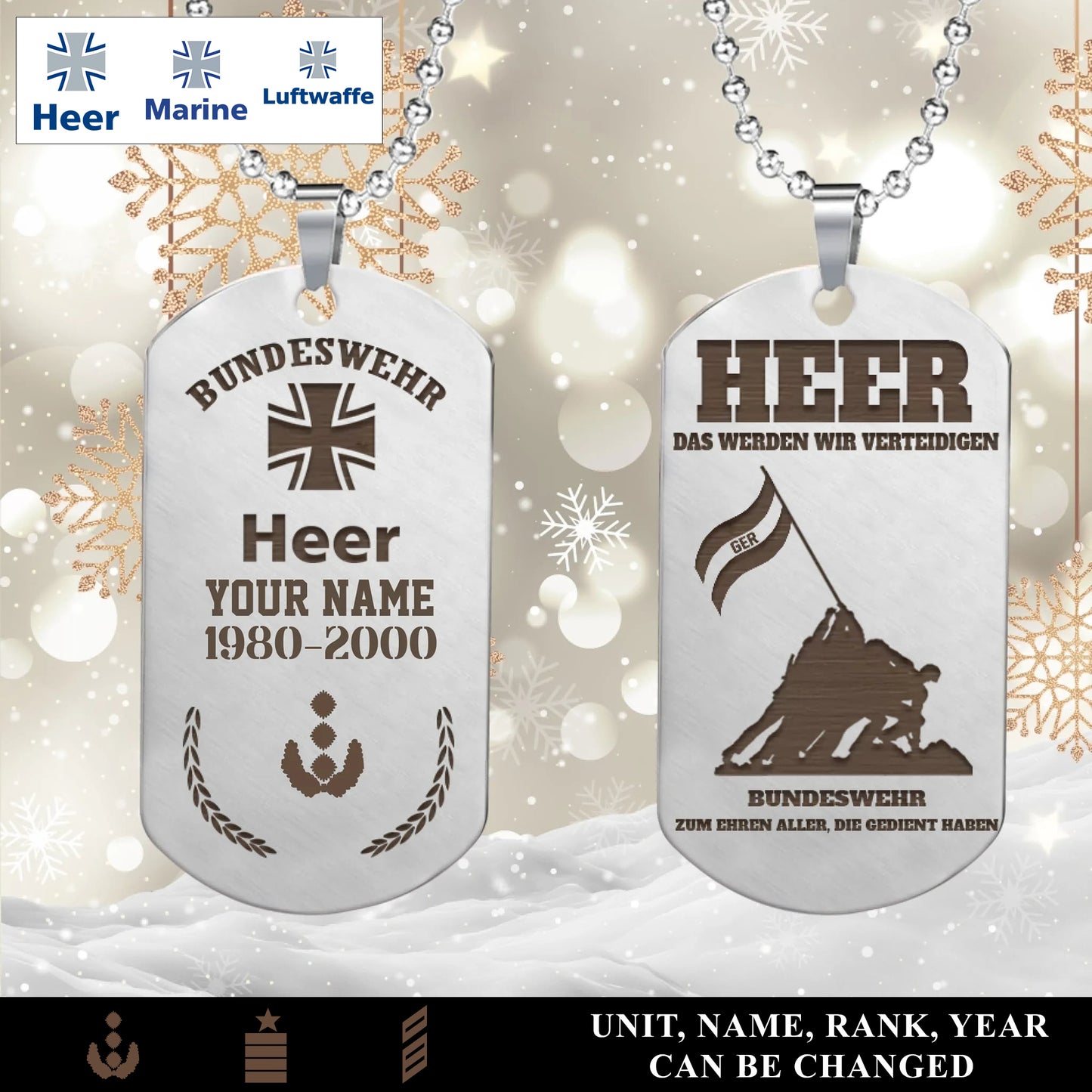Personalized Germany Soldier/Veteran with Rank, Name & Year Dog Tag Necklace - 17657568